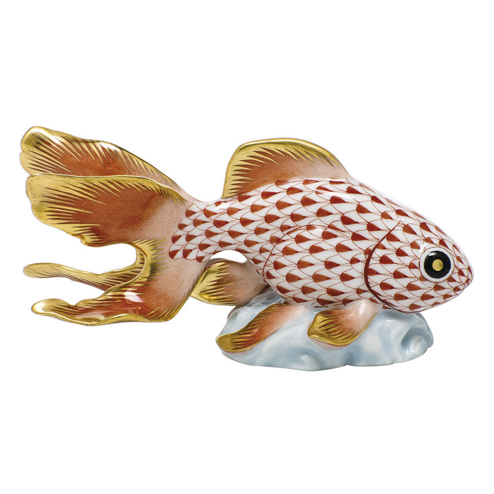 Hand-painted Herend Fantail Goldfish Figurine in fine porcelain, 4.75in L X 2.25in H, on a white background