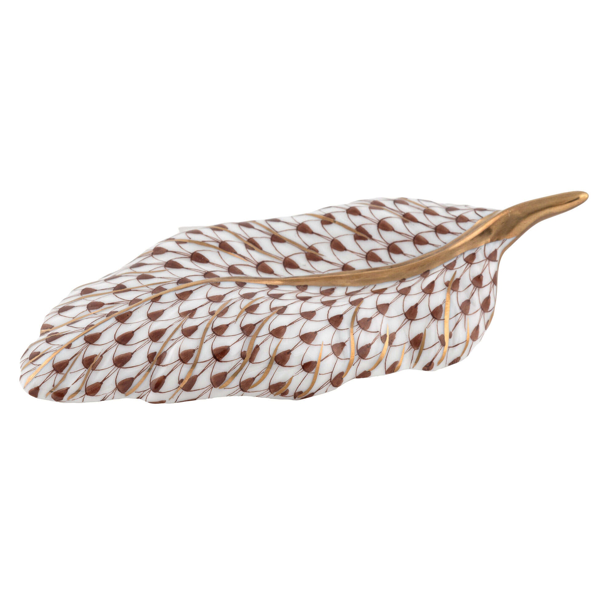 Hand-painted Herend Feather Figurine in Chocolate fishnet porcelain on a white background