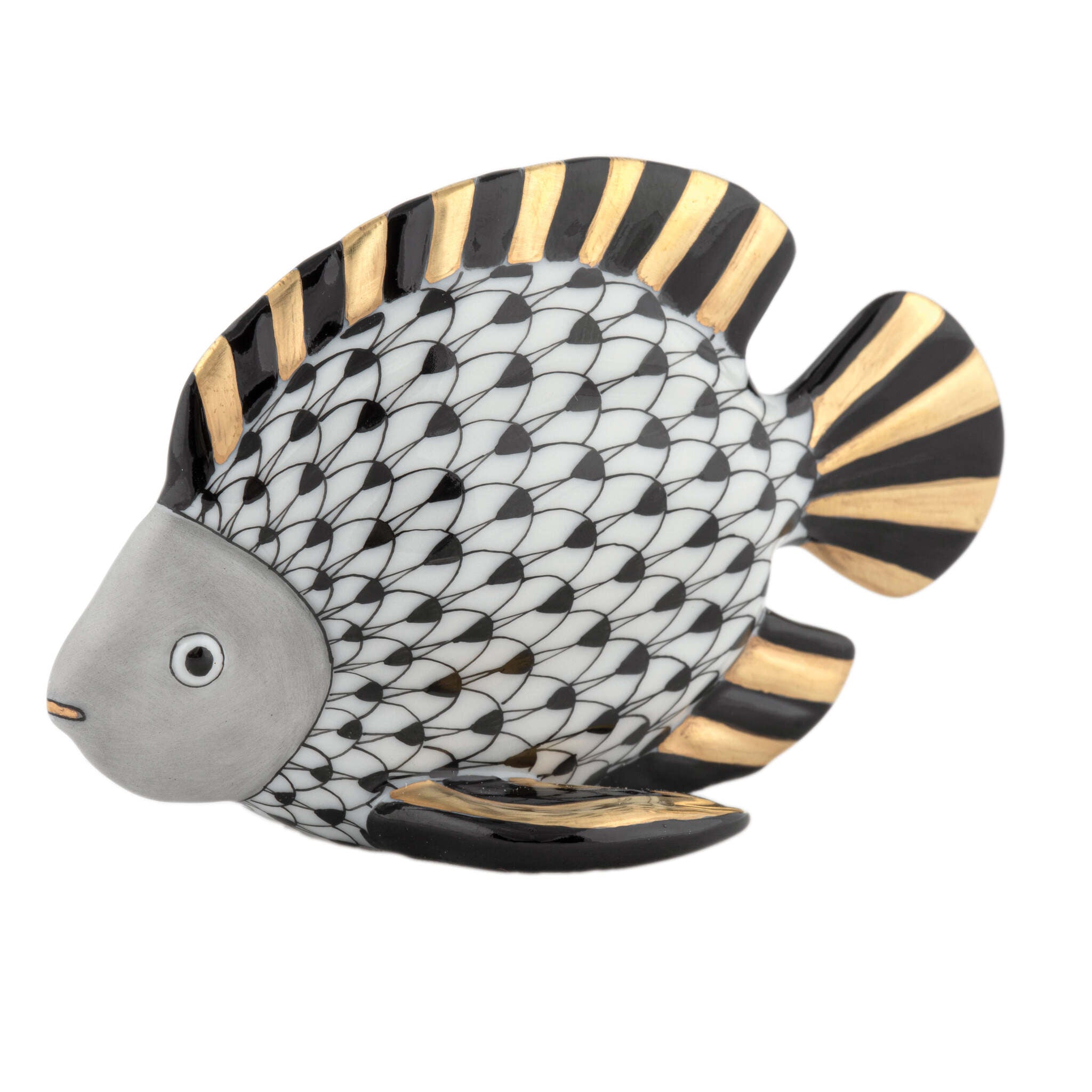 Black fishnet Fish Figurine figurine, hand-painted Herend porcelain with 24k gold accents