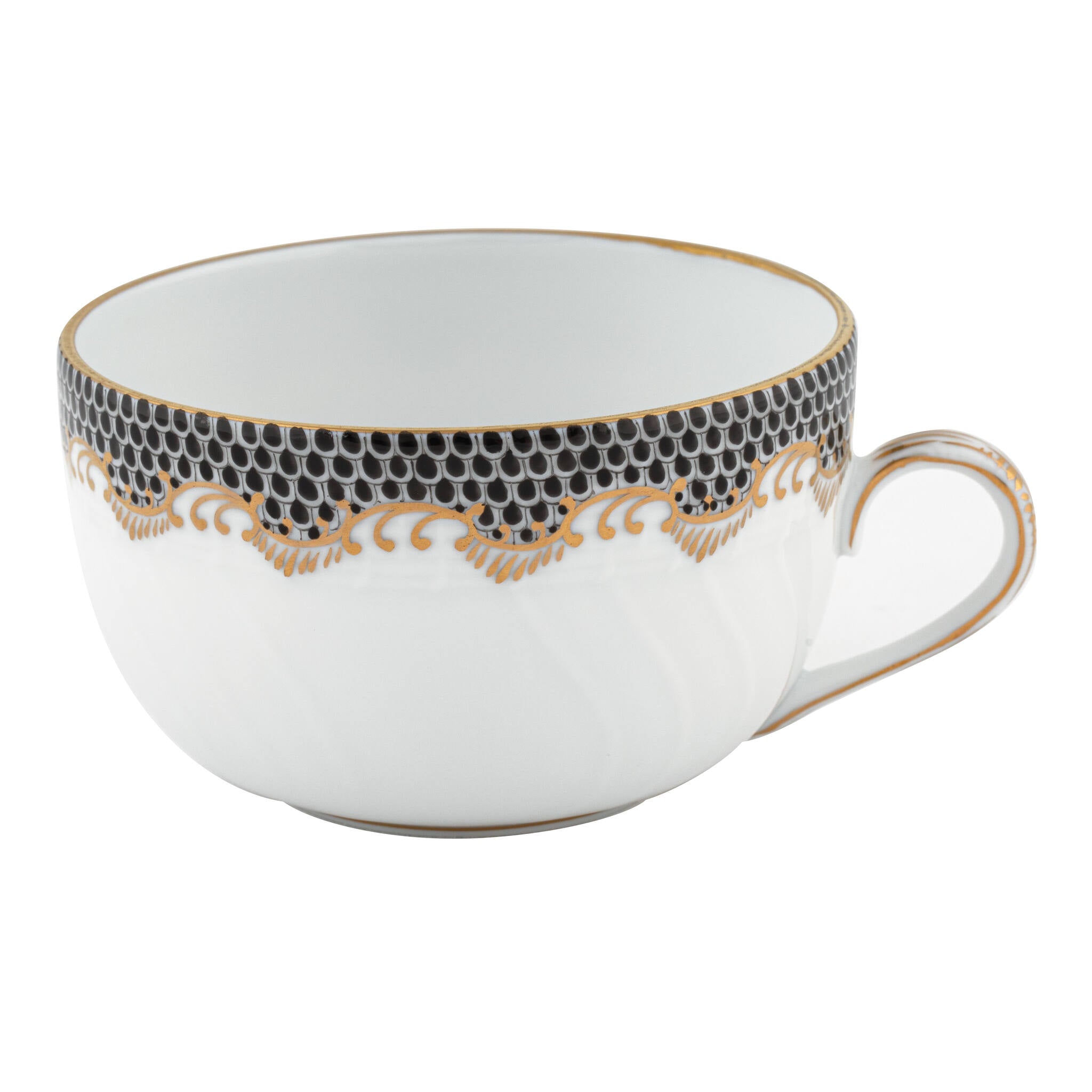 Hand-painted Herend Fish Scale Black Canton Cup Teacup in fine porcelain, on a white background