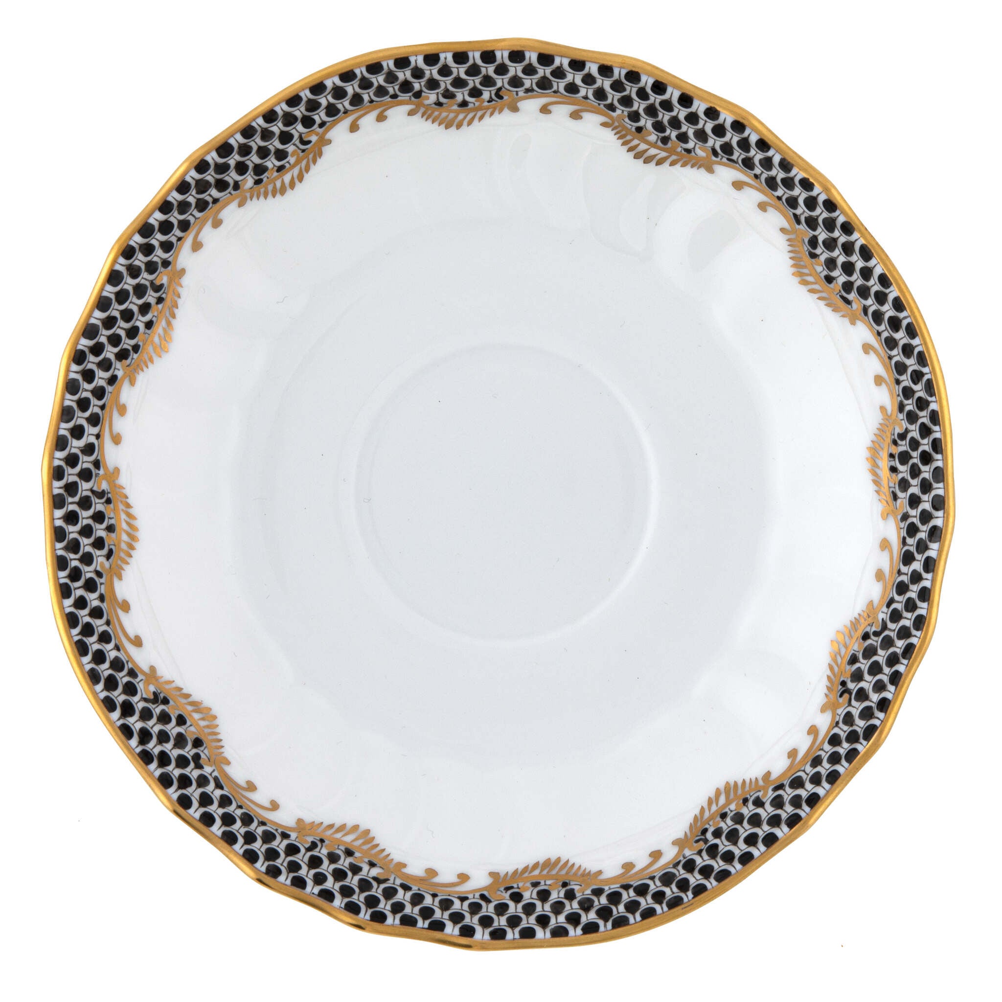 Hand-painted Herend Fish Scale Black Canton Saucer in fine porcelain, 5.5in D, on a white background