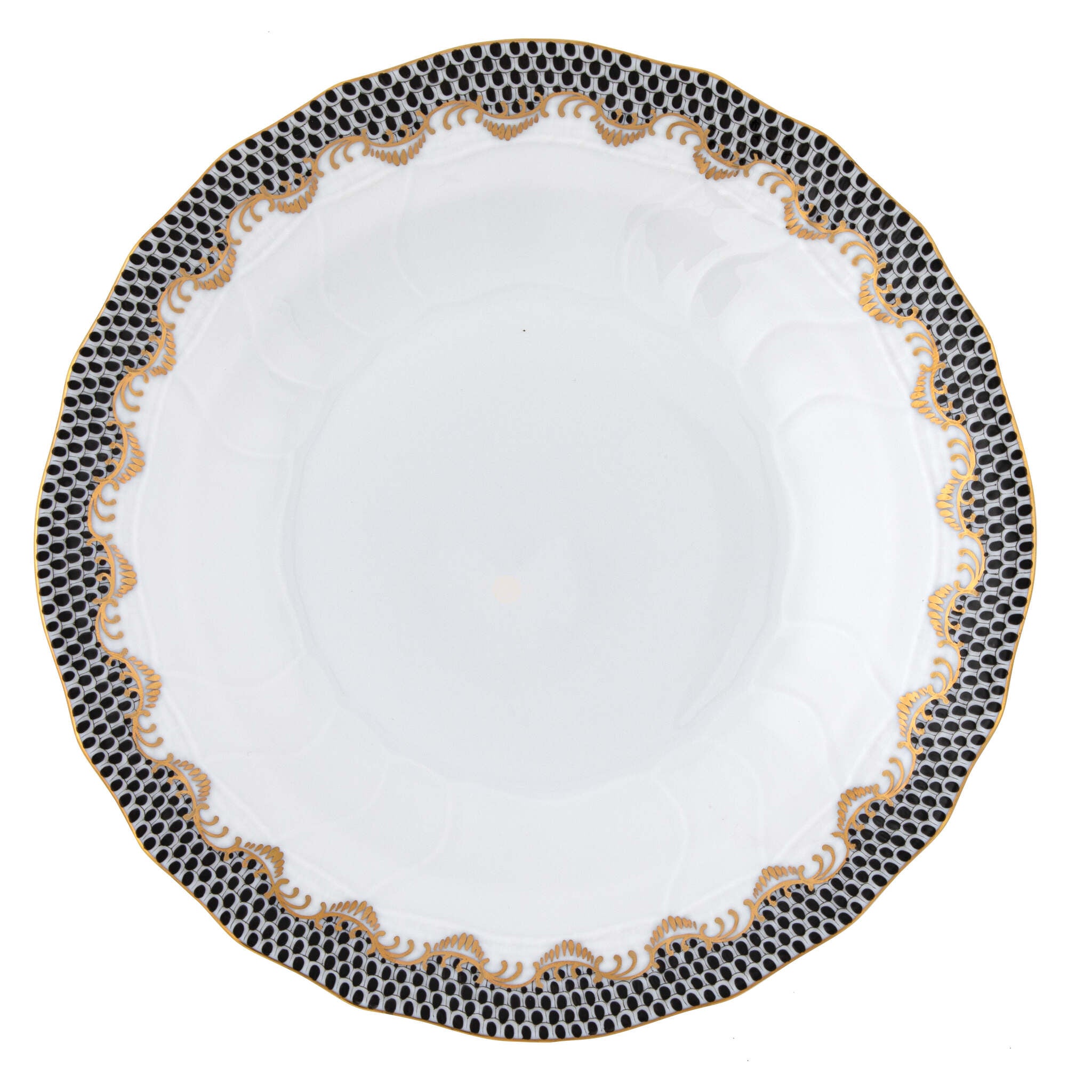 Hand-painted Herend Fish Scale Black Dessert Plate in fine porcelain, 8.25in D, on a white background