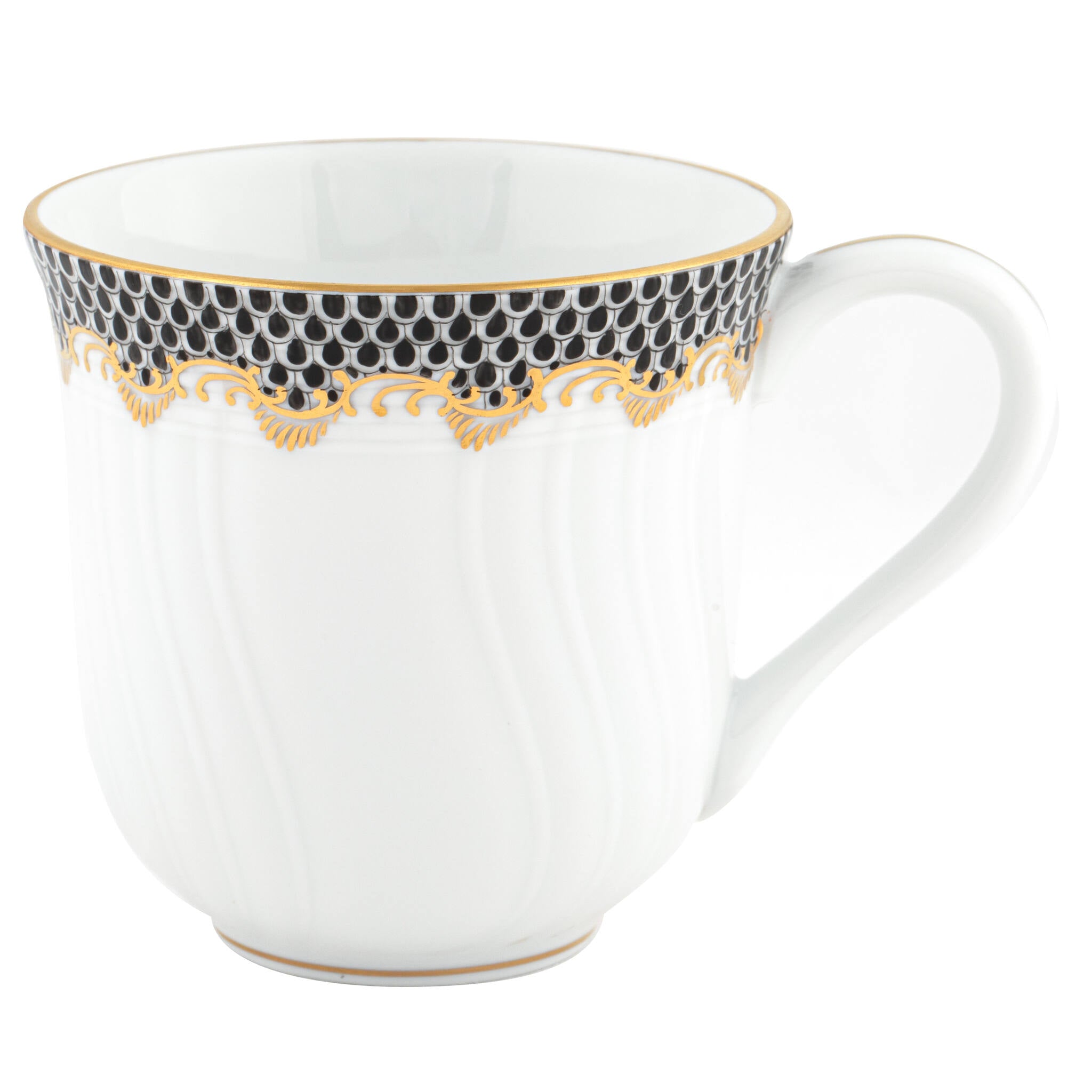Hand-painted Herend Fish Scale Black Mug in fine porcelain, (10 OZ) 3.5in H, on a white background