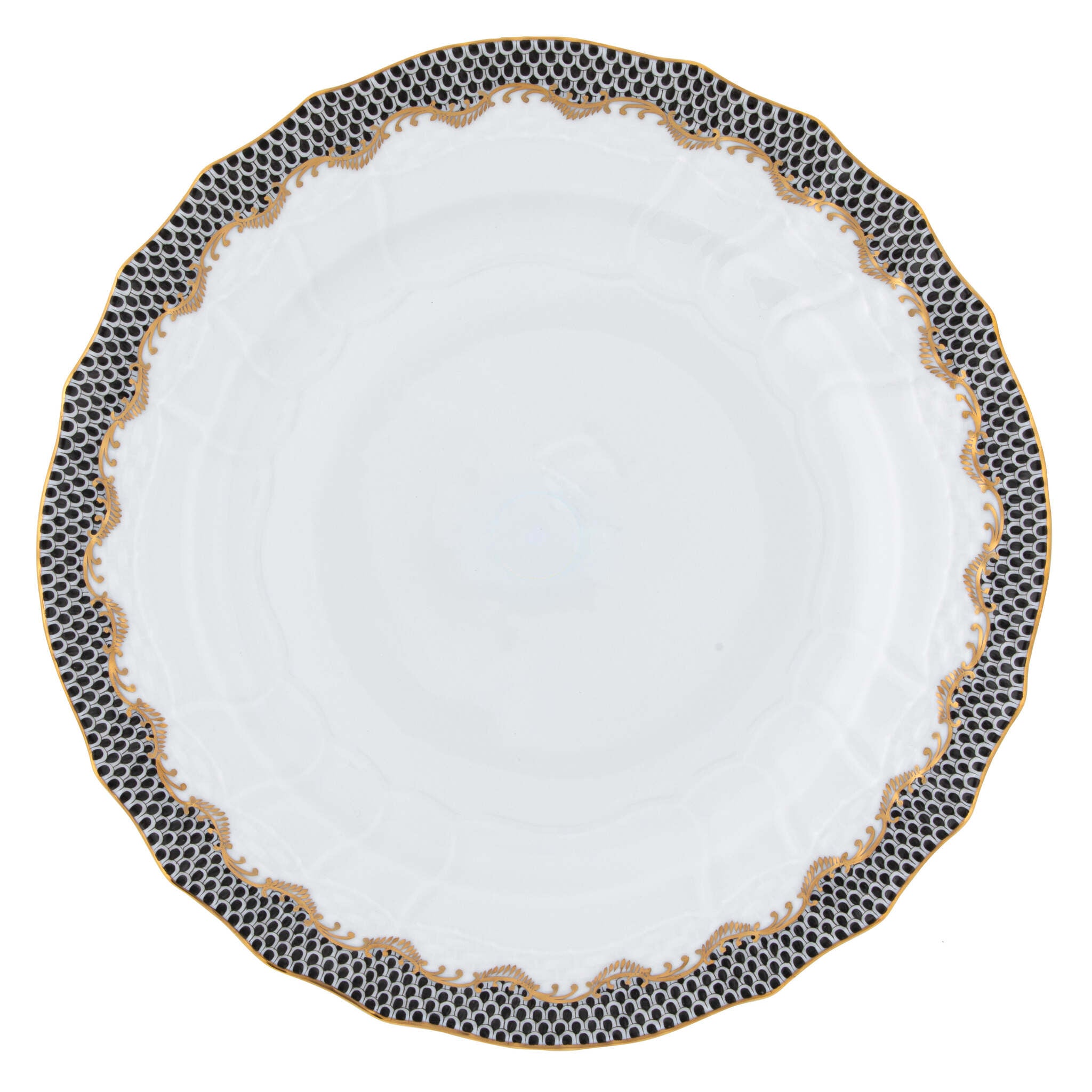 Hand-painted Herend Fish Scale Black Service Plate in fine porcelain, 11in D, on a white background