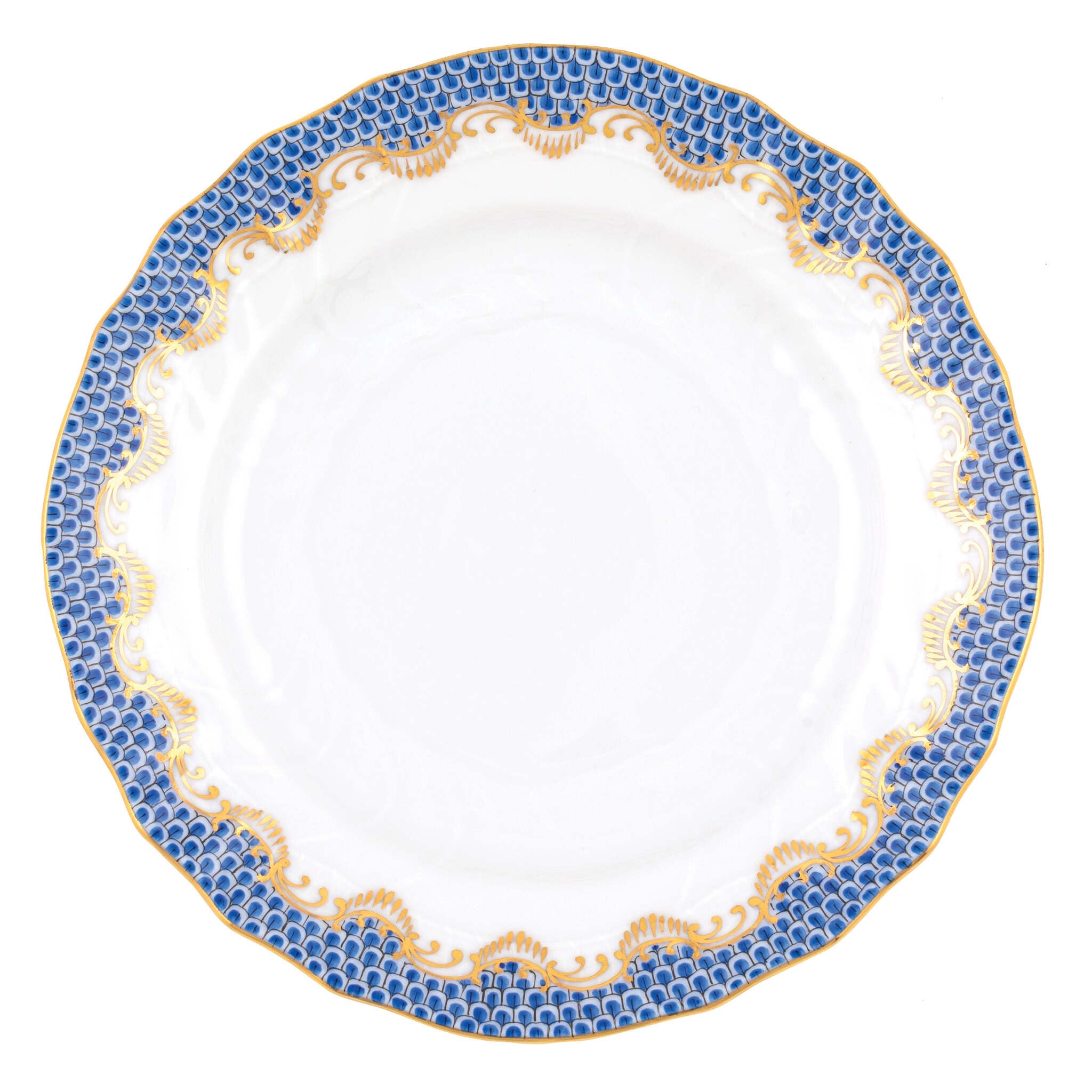 Hand-painted Herend Fish Scale Blue Bread and Butter Plate in fine porcelain, 6in D, on a white background
