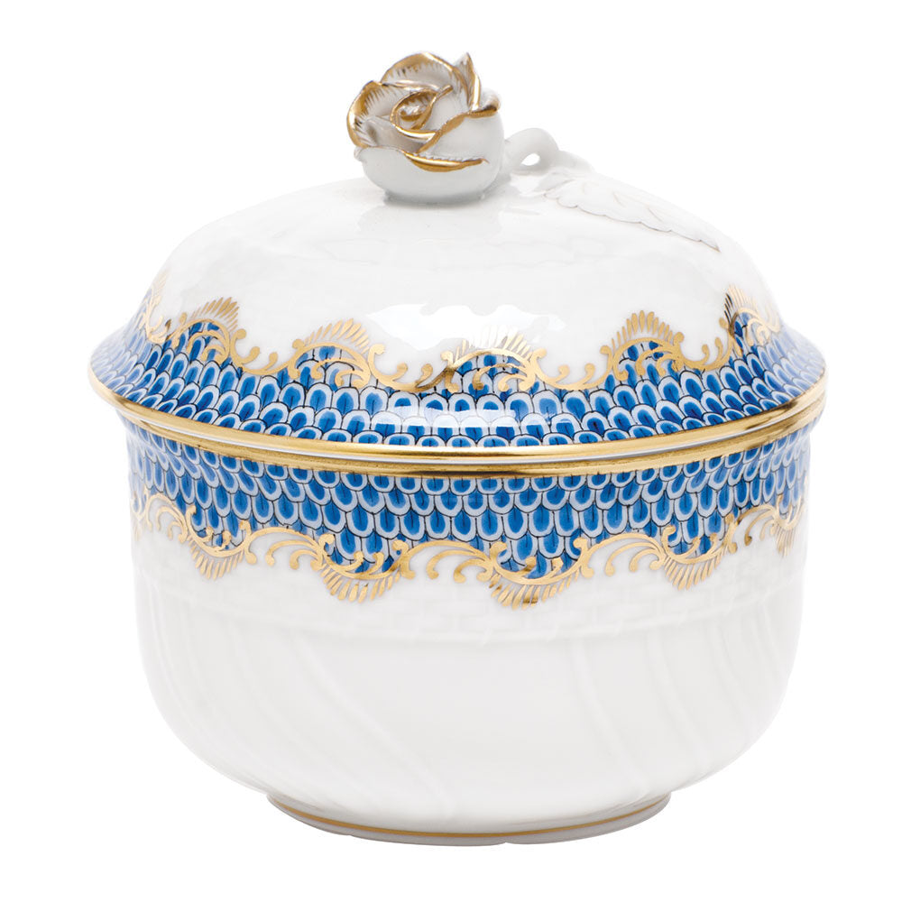 Hand-painted Herend Fish Scale Blue Covered Sugar with Rose Sugar Bowl in fine porcelain, (6 OZ) 4in H, on a white background