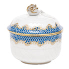 Hand-painted Herend Fish Scale Blue Covered Sugar with Rose Sugar Bowl in fine porcelain, (6 OZ) 4in H, on a white background