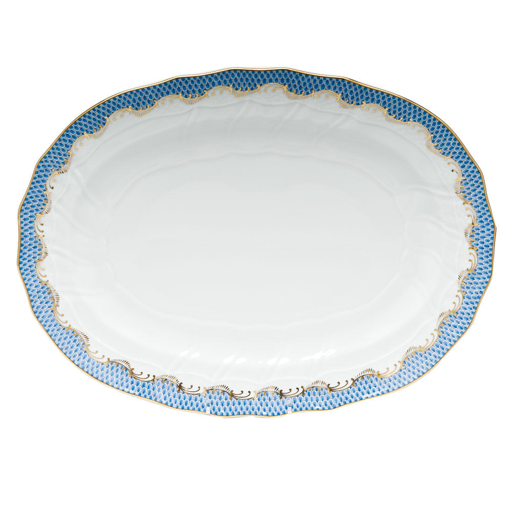 Hand-painted Herend Fish Scale Blue Platter in fine porcelain, 15in L X 11.5in W, on a white background