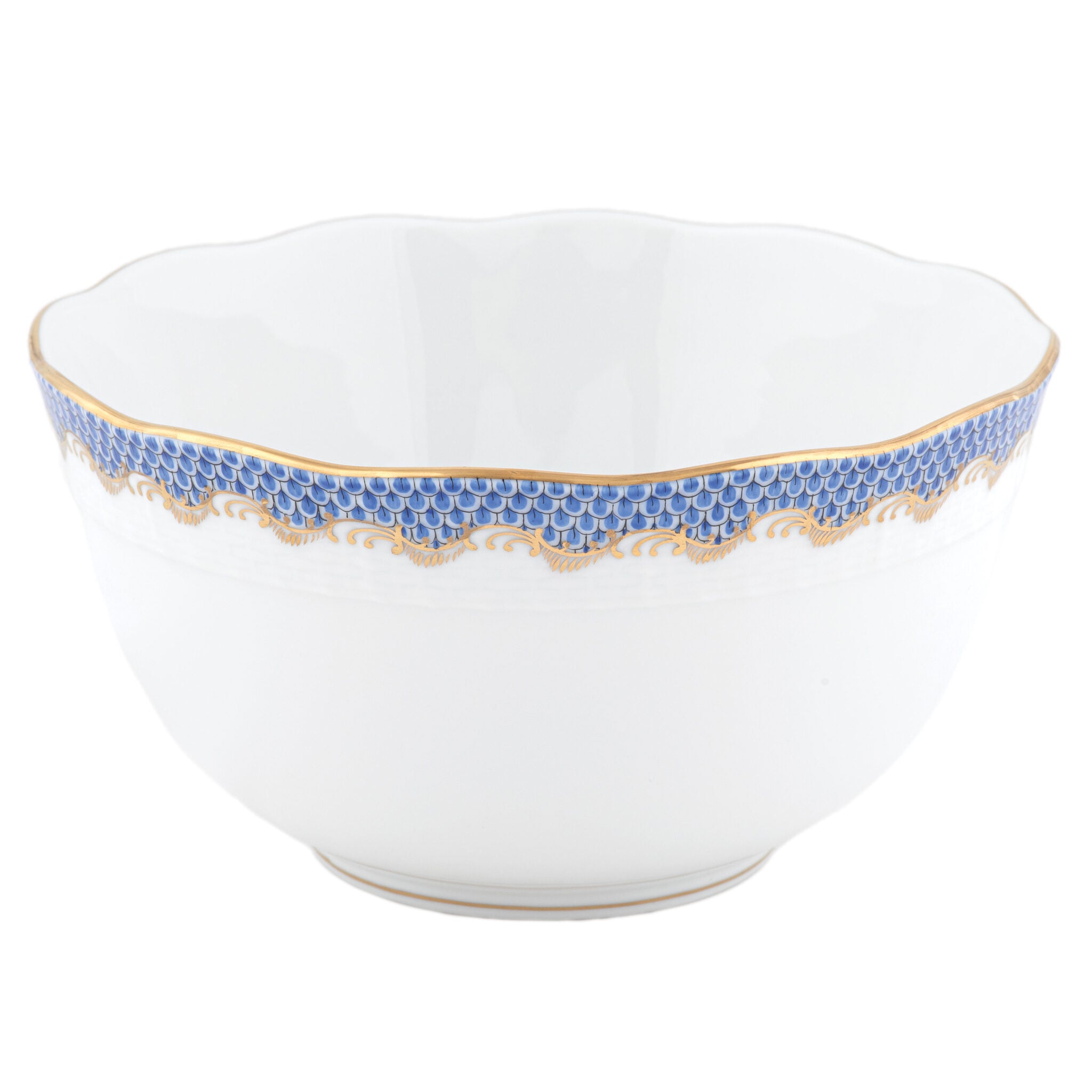 Hand-painted Herend Fish Scale Blue Round Bowl in fine porcelain, (3.5 PT) 7.5in D, on a white background