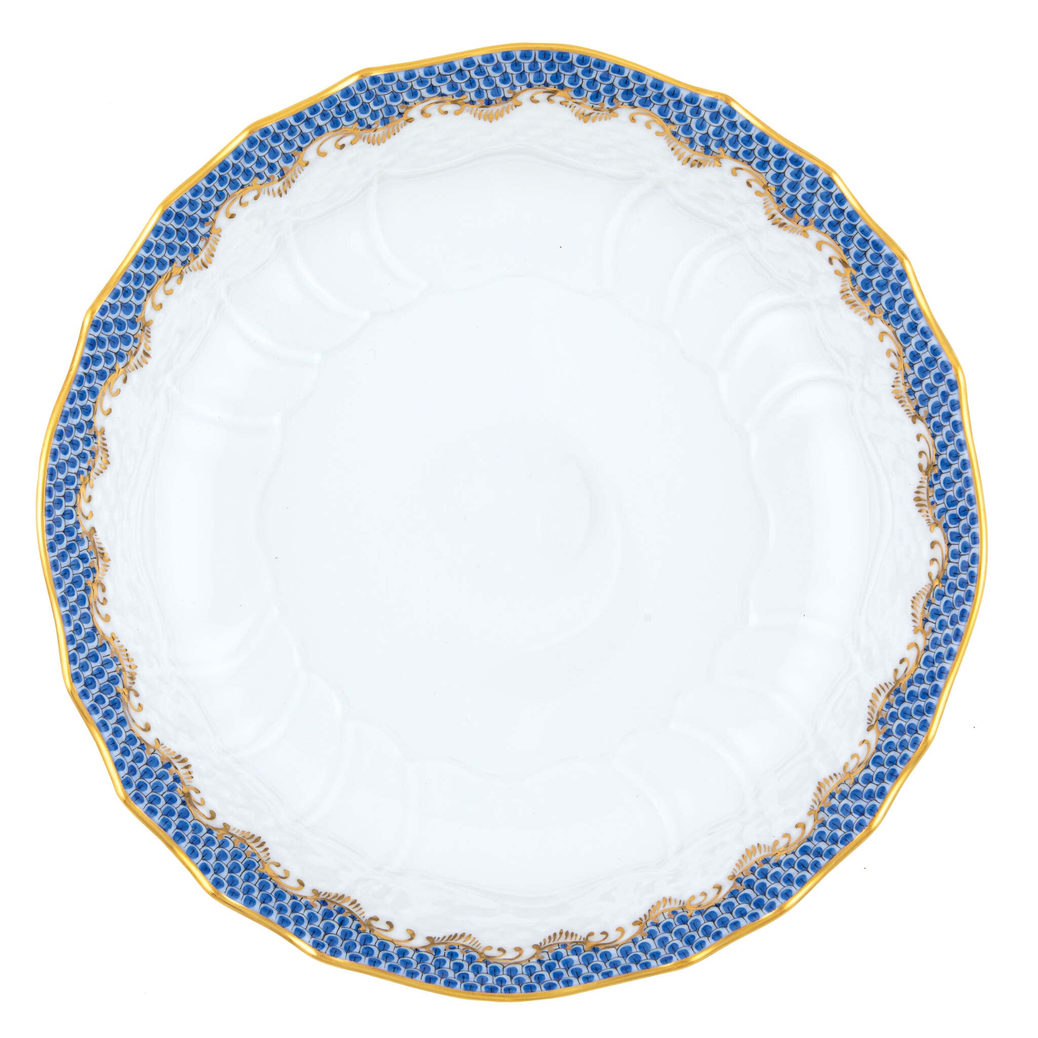 Hand-painted Herend Fish Scale Blue Scalloped Dinner Bowl in fine porcelain, 8in D X 2in H, on a white background