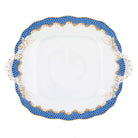 Hand-painted Herend Fish Scale Blue Square Cake Plate with Handles in fine porcelain, 9.5in SQ, on a white background