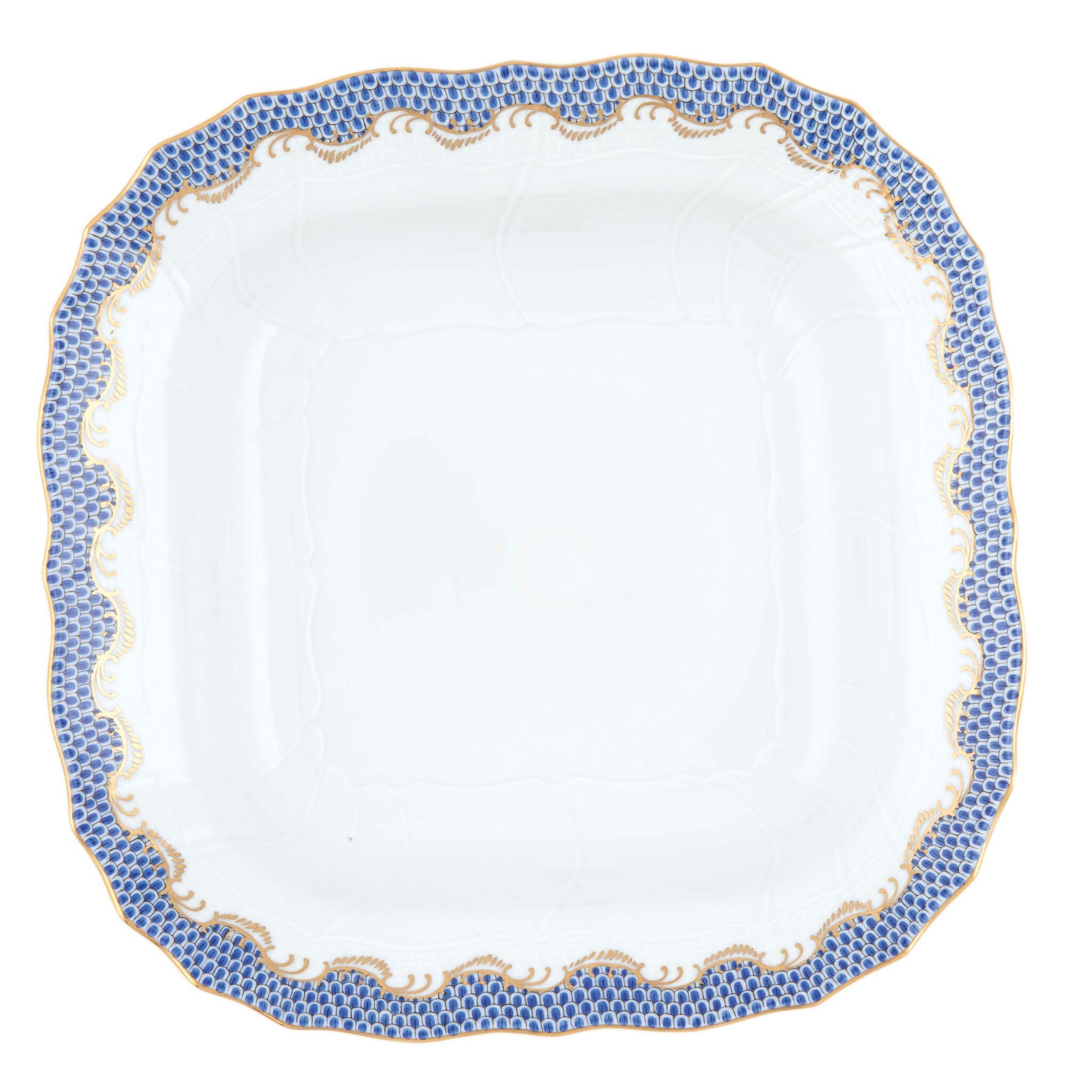 Hand-painted Herend Fish Scale Blue Square Fruit Dish in fine porcelain, 11in SQ, on a white background