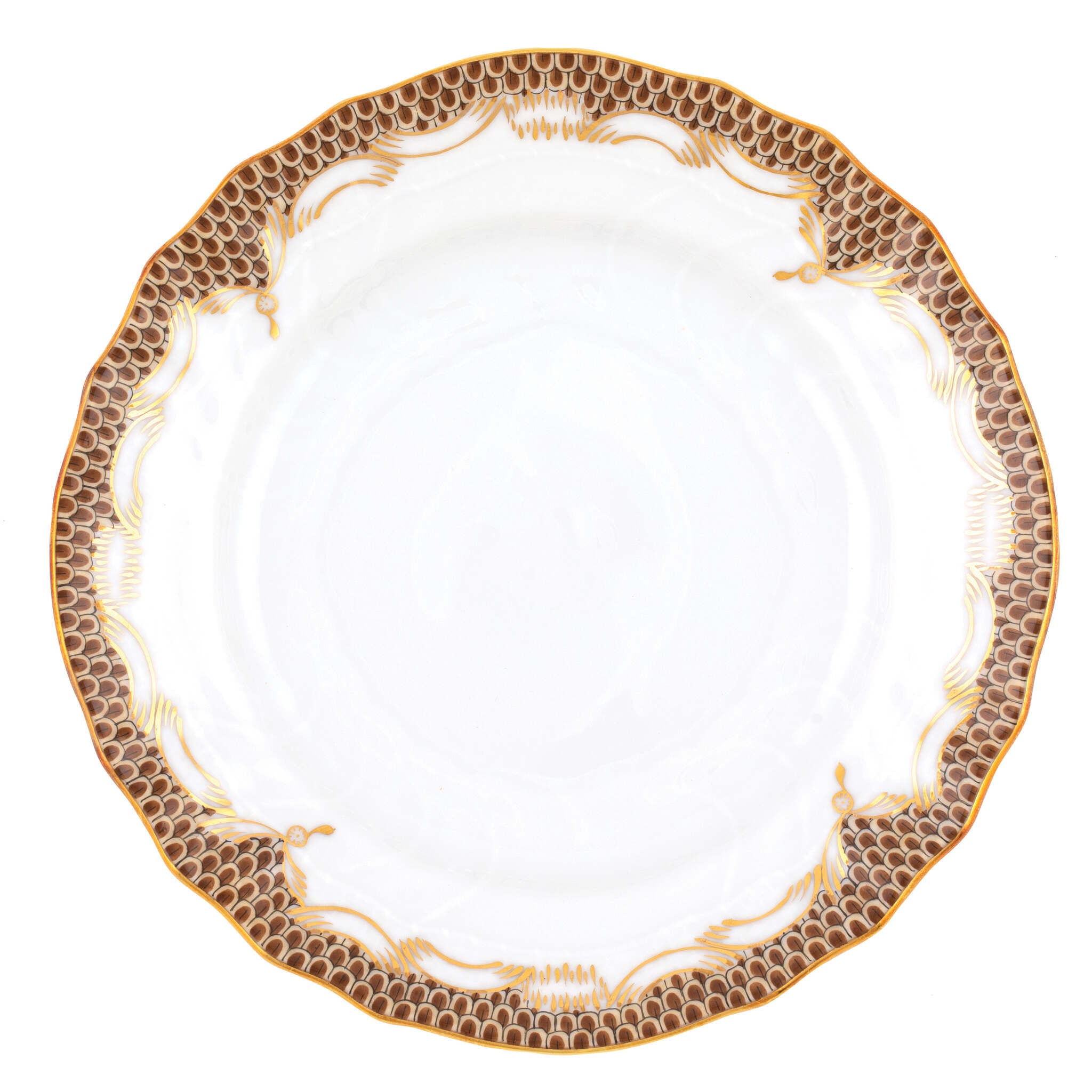 Hand-painted Herend Fish Scale Brown Bread and Butter Plate in fine porcelain, 6in D, on a white background