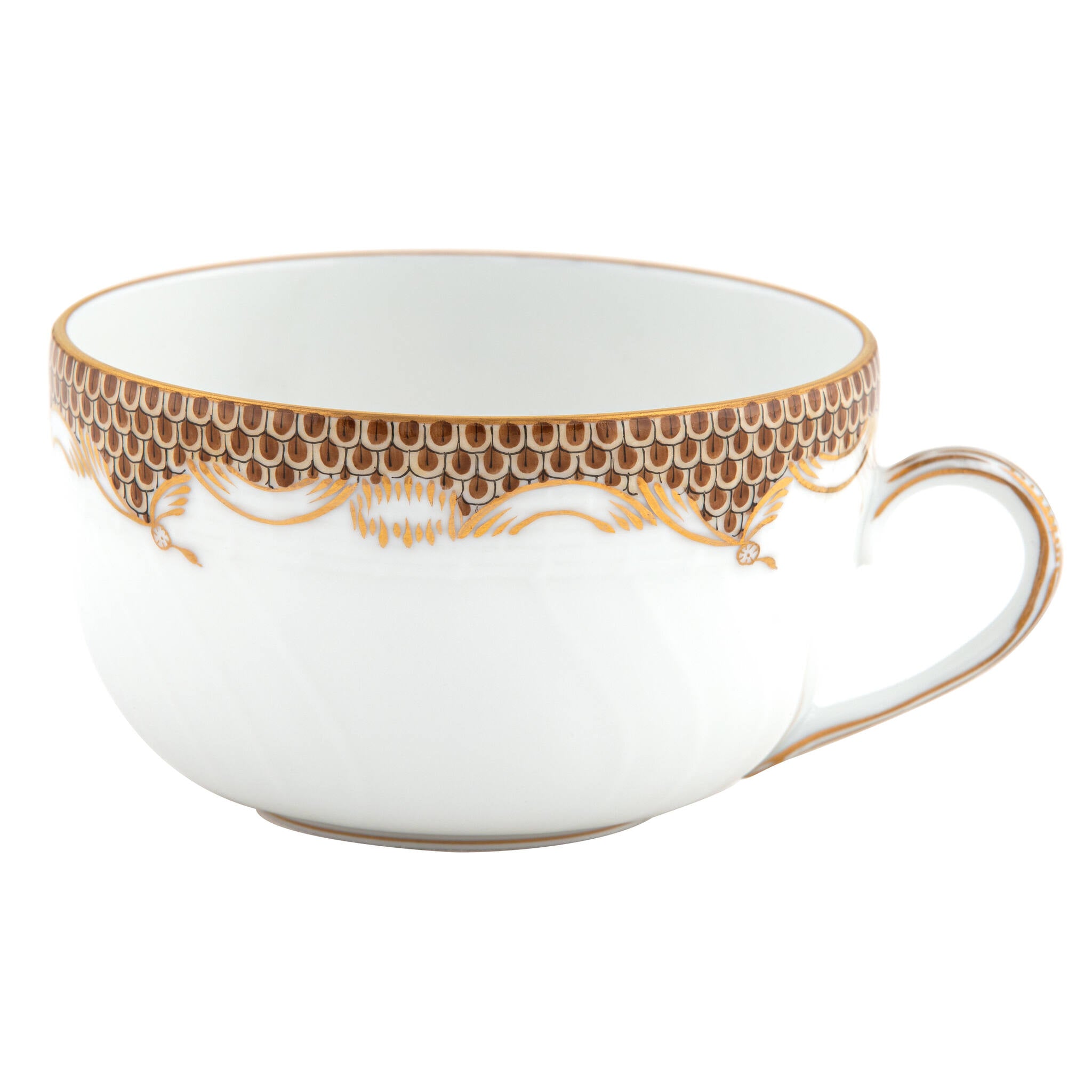 Hand-painted Herend Fish Scale Brown Canton Cup Teacup in fine porcelain, on a white background