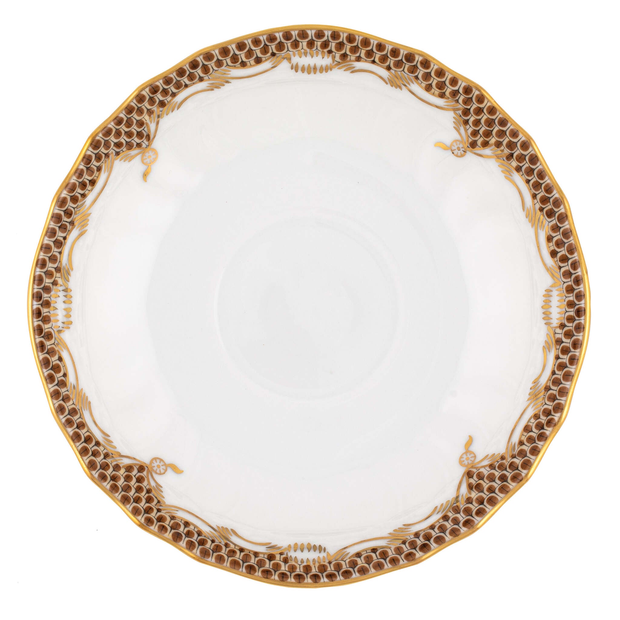 Hand-painted Herend Fish Scale Brown Canton Saucer in fine porcelain, 5.5in D, on a white background