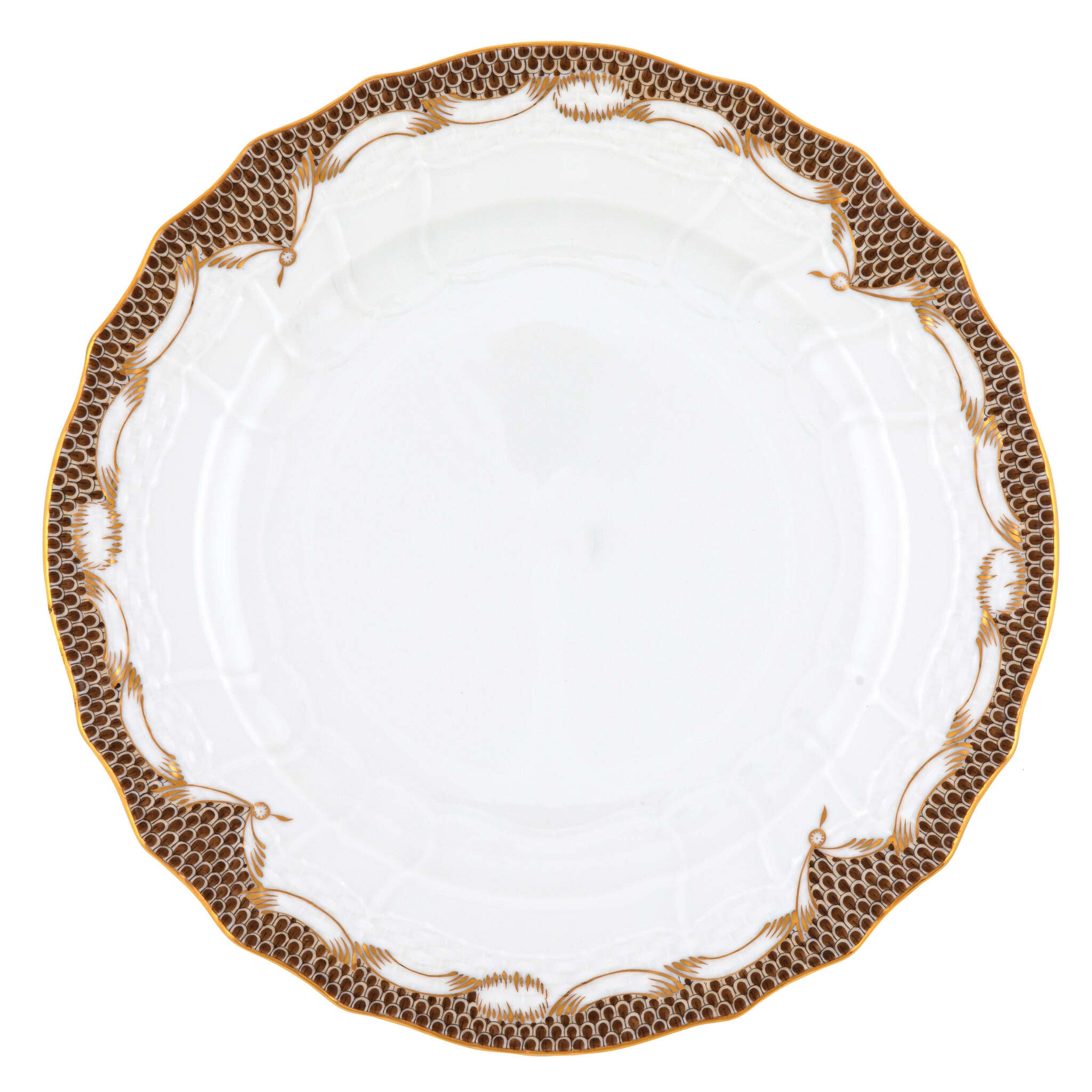 Hand-painted Herend Fish Scale Brown Service Plate in fine porcelain, 11in D, on a white background