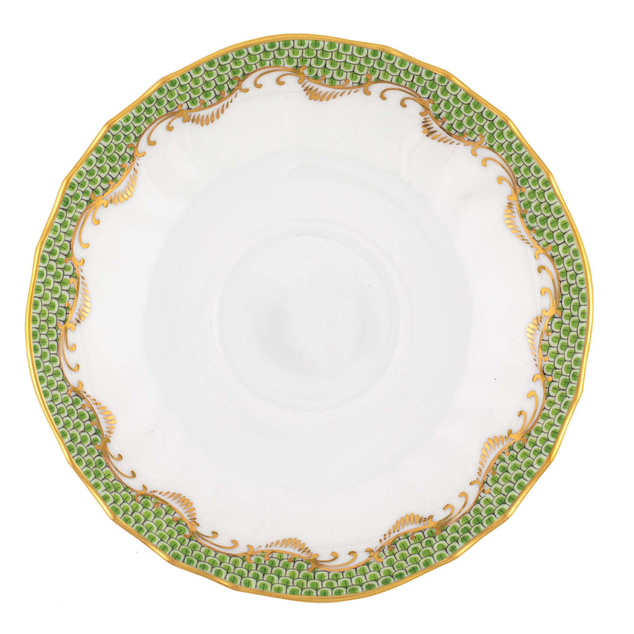 Hand-painted Herend Fish Scale Evergreen Canton Saucer in fine porcelain, 5.5in D, on a white background