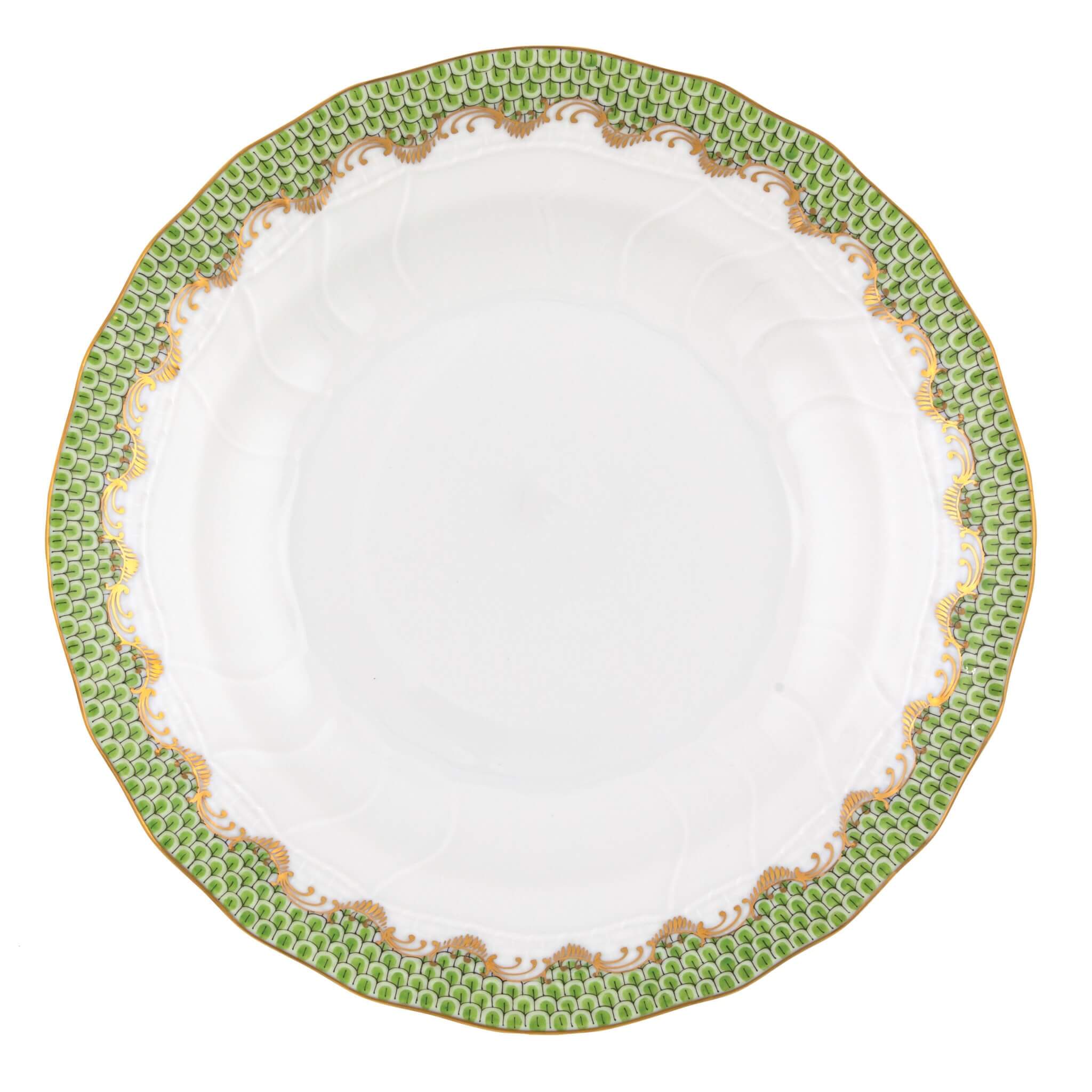 Hand-painted Herend Fish Scale Evergreen Dessert Plate in fine porcelain, 8.25in D, on a white background