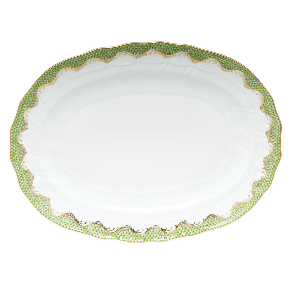 Hand-painted Herend Fish Scale Evergreen Platter in fine porcelain, 15in L X 11.5in W, on a white background