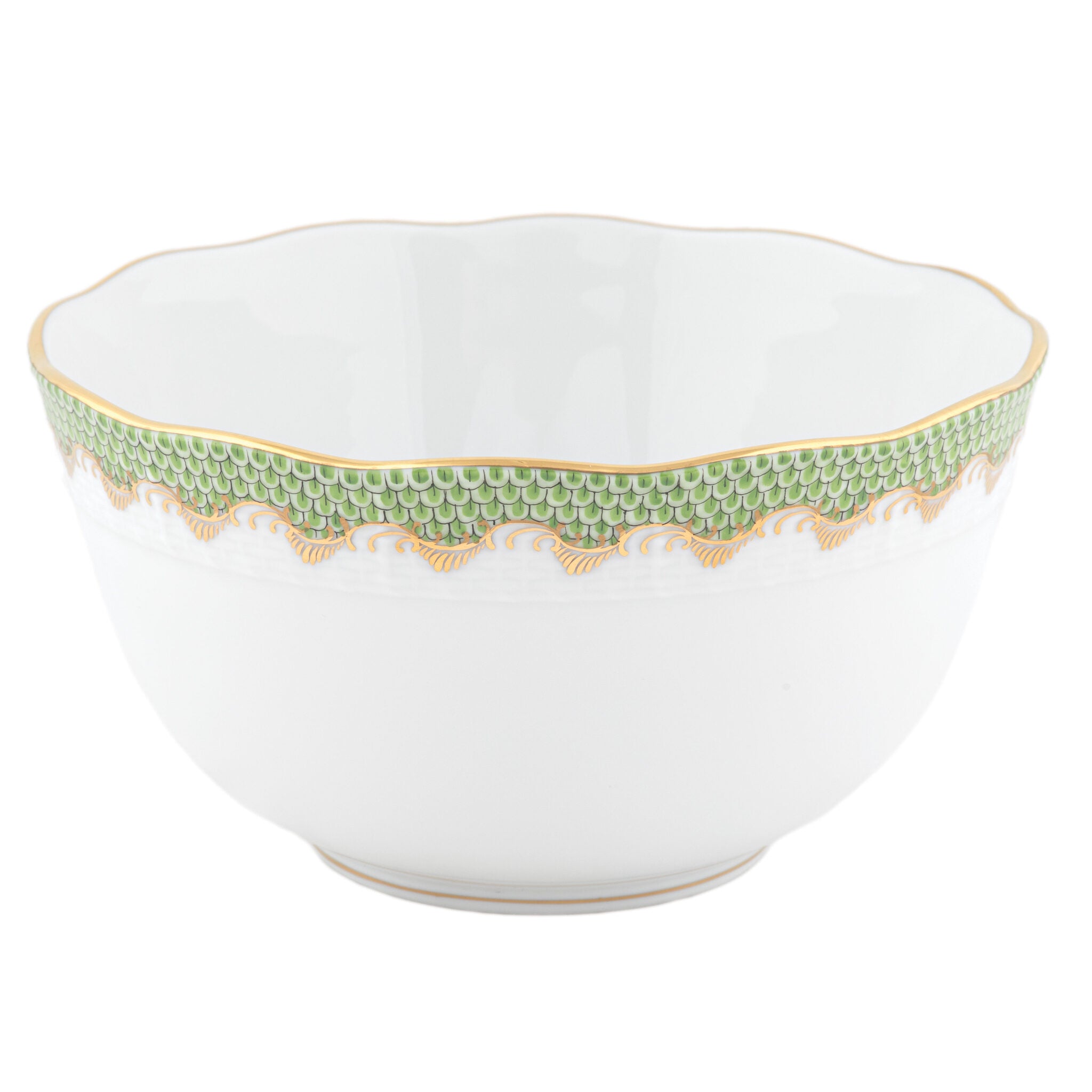 Hand-painted Herend Fish Scale Evergreen Round Bowl in fine porcelain, (3.5 PT) 7.5in D, on a white background