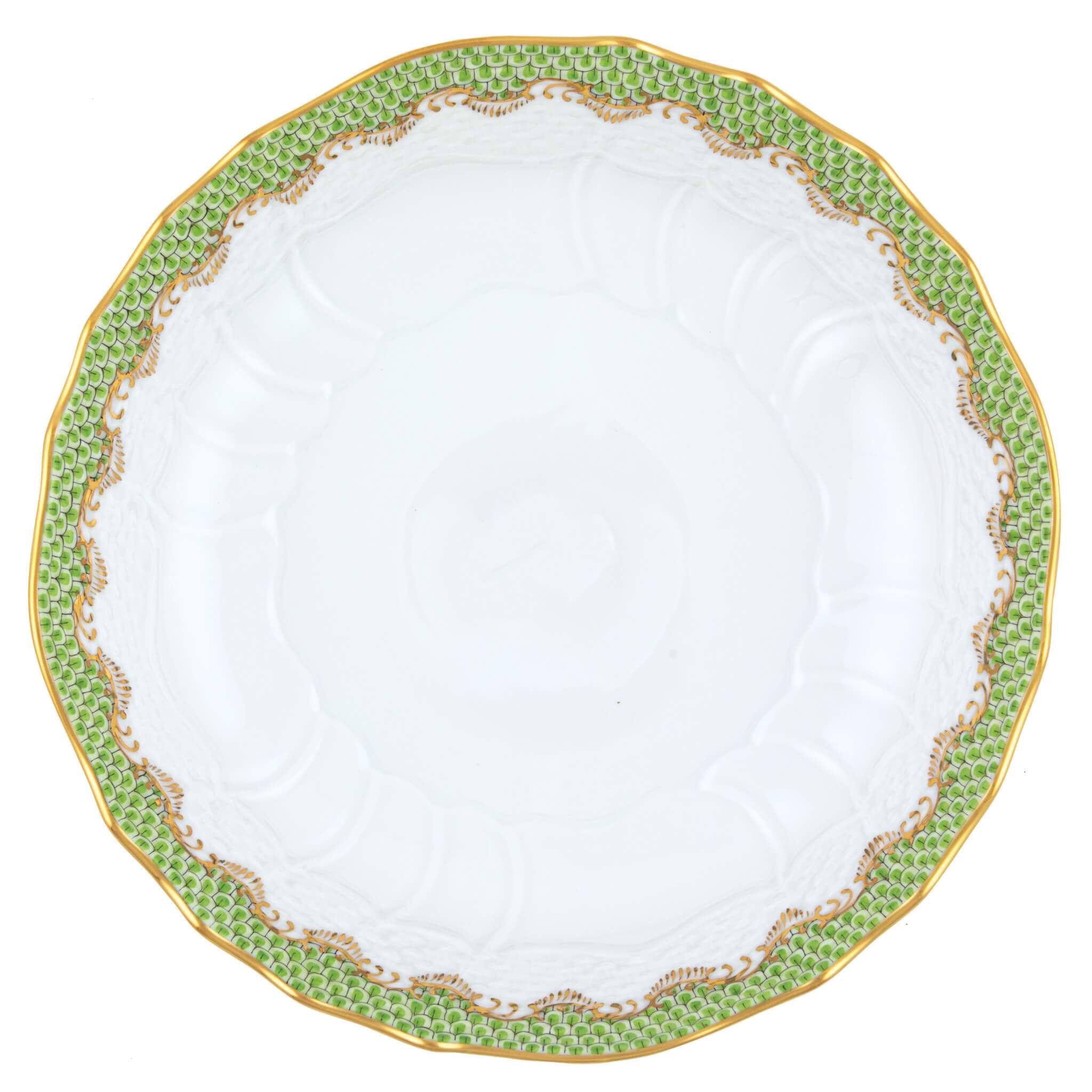 Hand-painted Herend Fish Scale Evergreen Scalloped Dinner Bowl in fine porcelain, 8in D X 2in H, on a white background