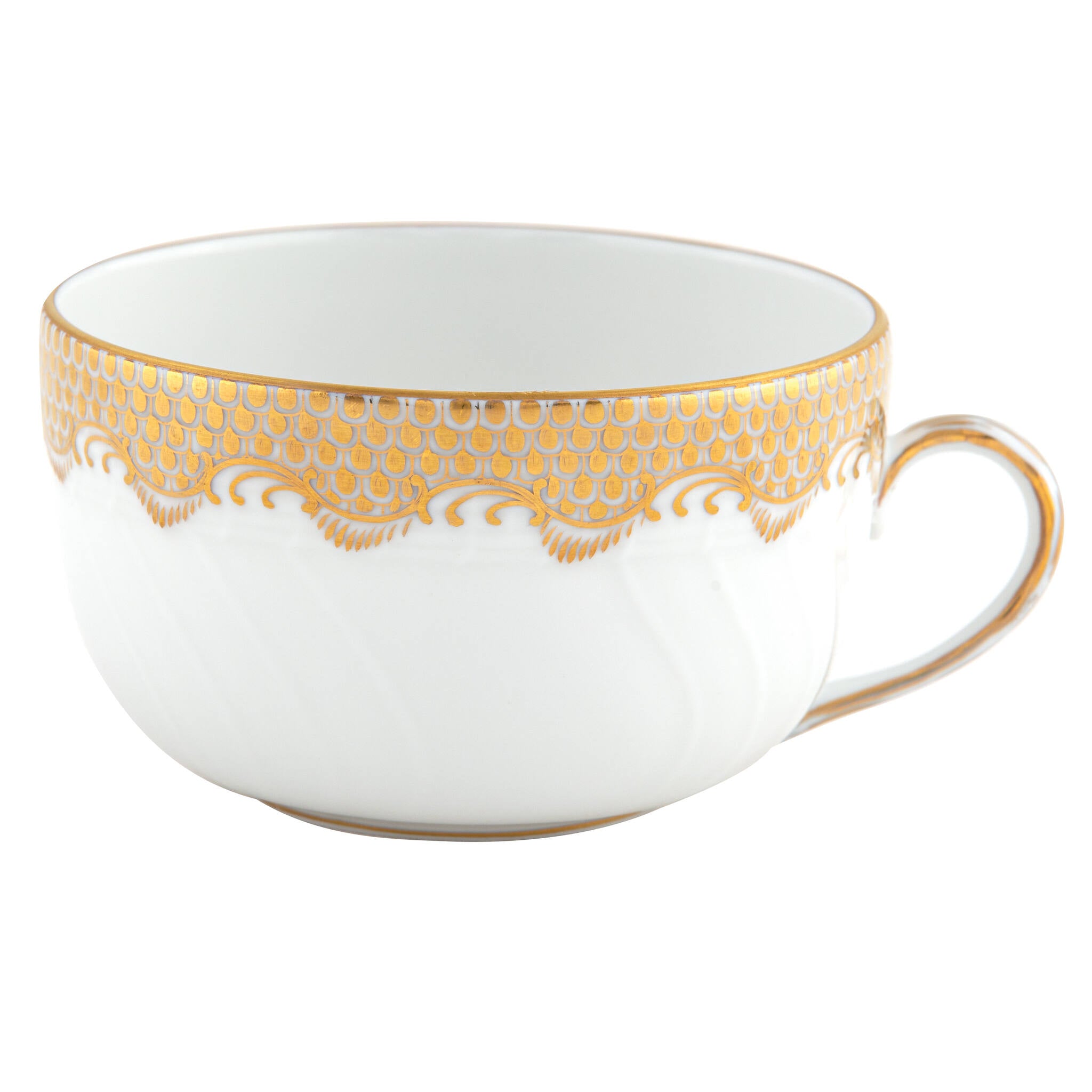Hand-painted Herend Fish Scale Gold Canton Cup Teacup in fine porcelain, on a white background