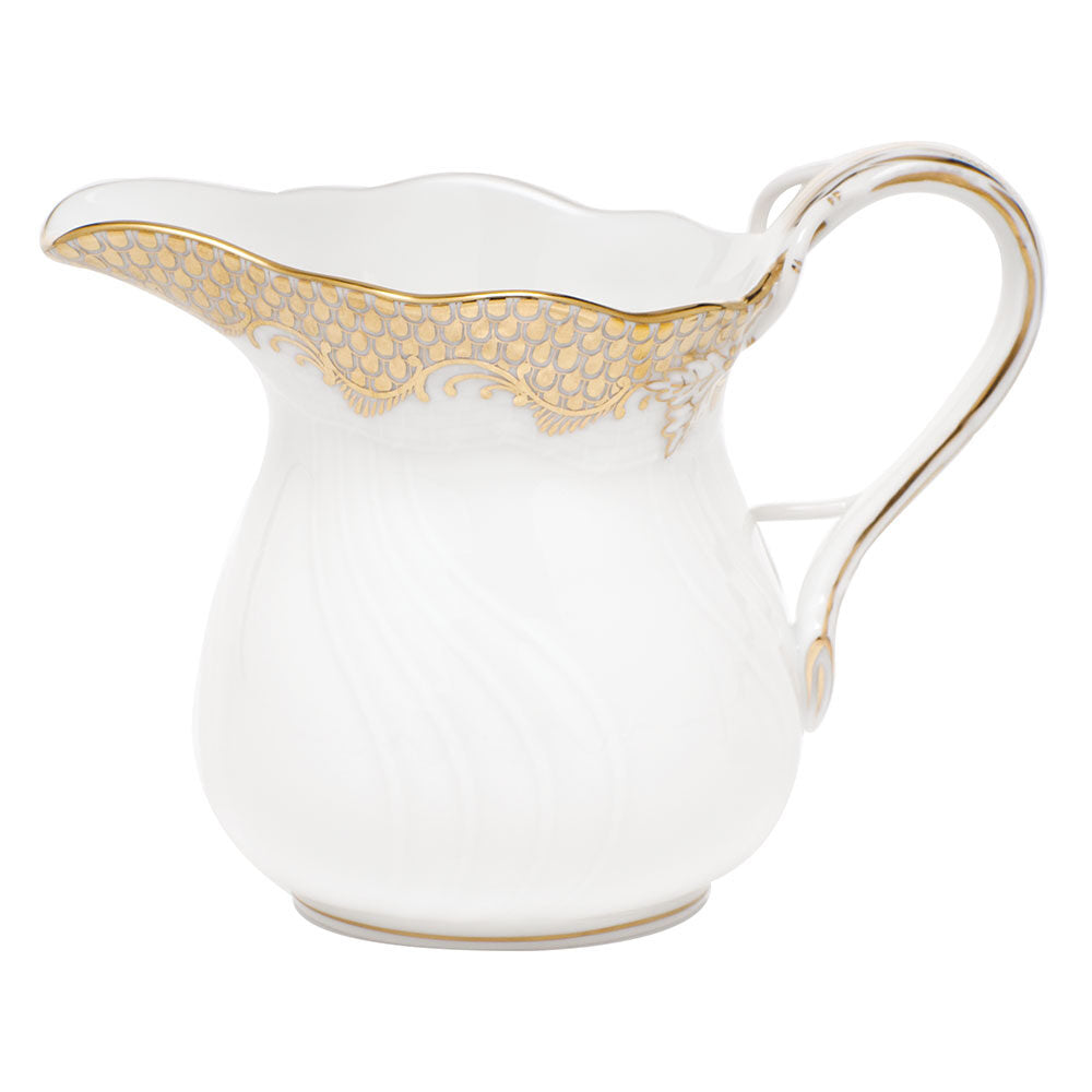 Hand-painted Herend Fish Scale Gold Creamer in fine porcelain, (6 OZ) 3.5in H, on a white background