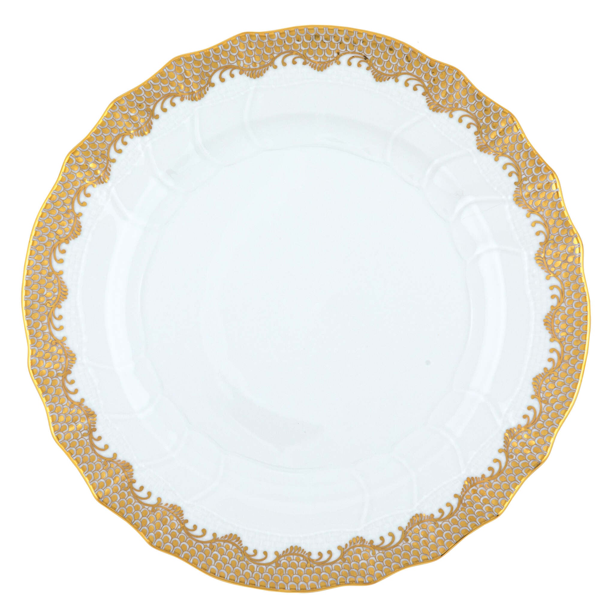 Hand-painted Herend Fish Scale Gold Dinner Plate in fine porcelain, 10.5in D, on a white background