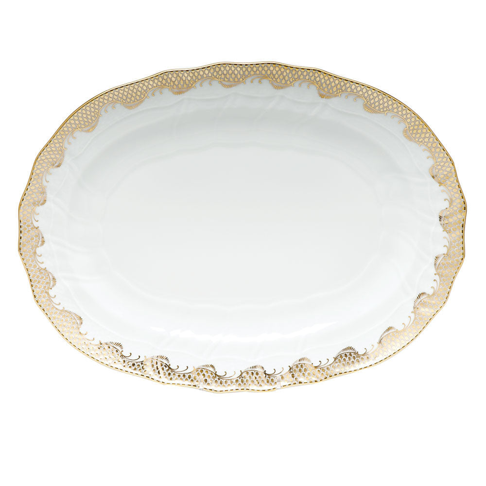 Hand-painted Herend Fish Scale Gold Platter in fine porcelain, 15in L X 11.5in W, on a white background
