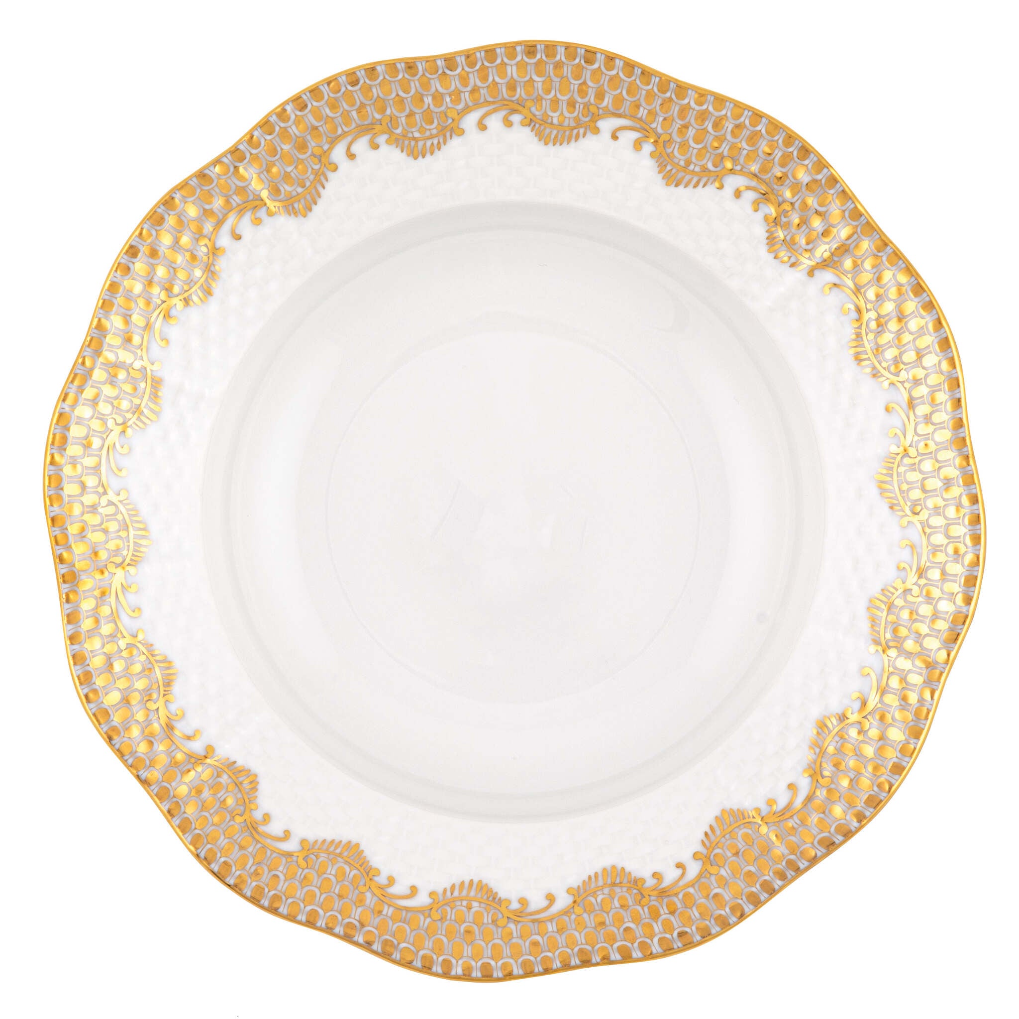 Hand-painted Herend Fish Scale Gold Rim Soup Plate Soup Plates & Rimmed Soup Bowl in fine porcelain, 8in D, on a white background