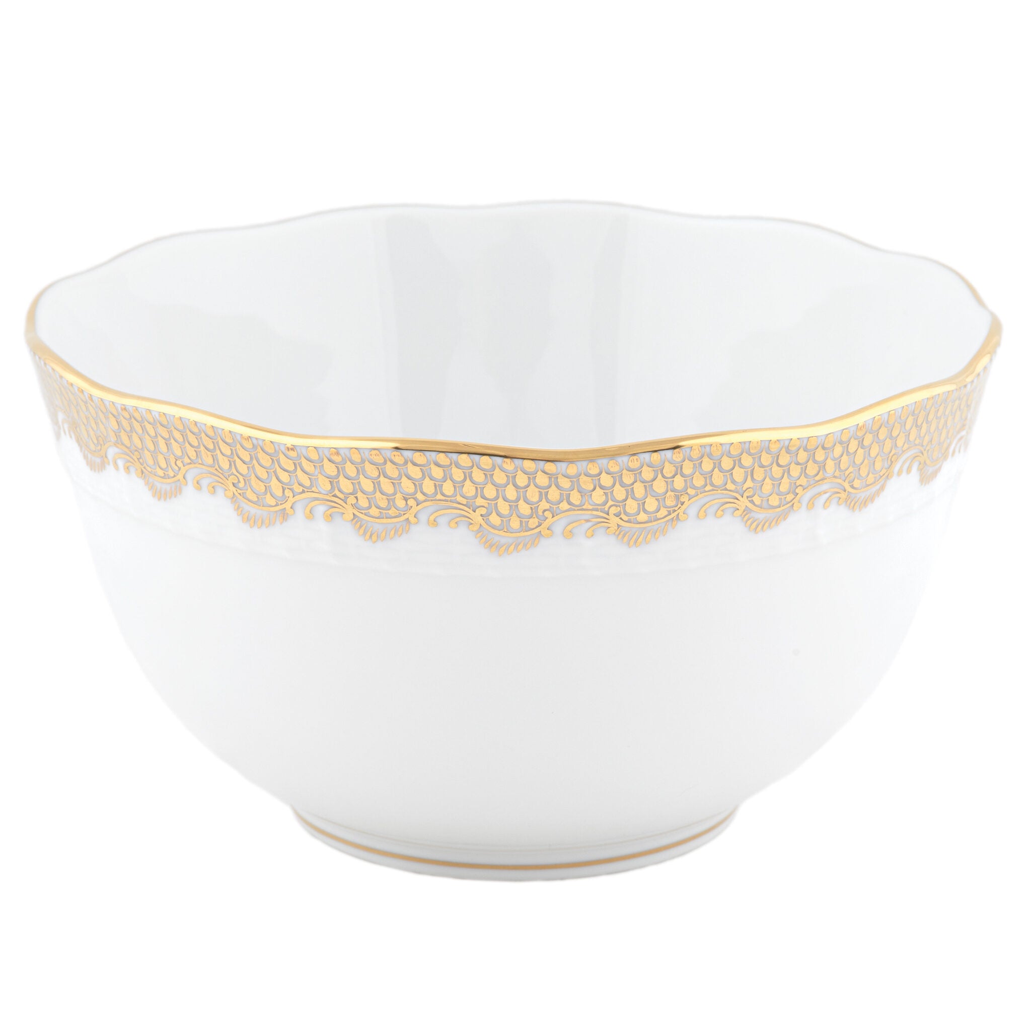 Hand-painted Herend Fish Scale Gold Round Bowl in fine porcelain, (3.5 PT) 7.5in D, on a white background
