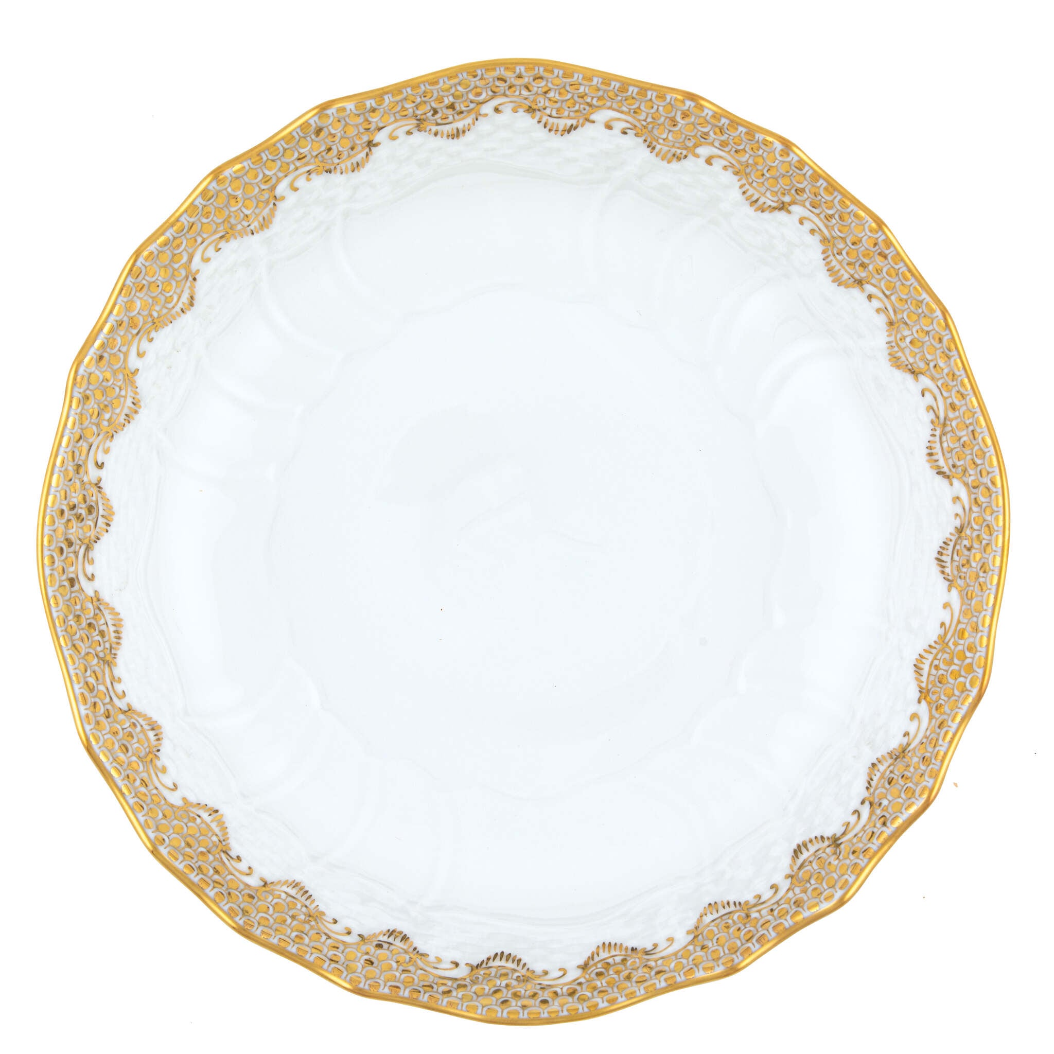 Hand-painted Herend Fish Scale Gold Scalloped Dinner Bowl in fine porcelain, 8in D X 2in H, on a white background