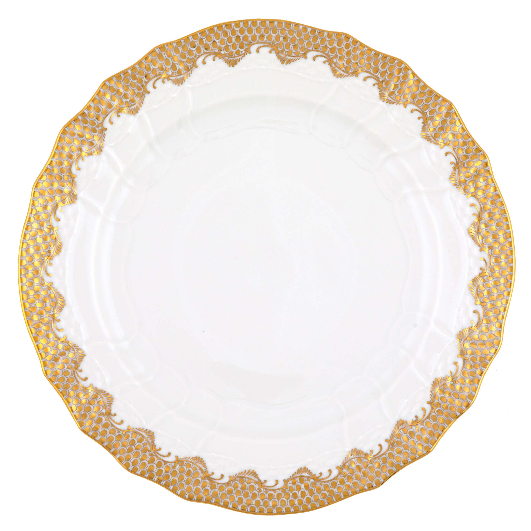Hand-painted Herend Fish Scale Gold Service Plate in fine porcelain, 11in D, on a white background