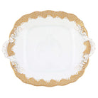 Hand-painted Herend Fish Scale Gold Square Cake Plate with Handles in fine porcelain, 9.5in SQ, on a white background