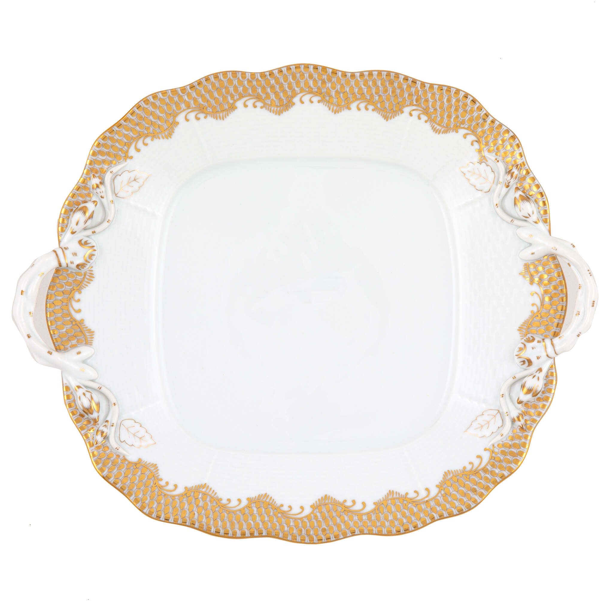 Hand-painted Herend Fish Scale Gold Square Cake Plate with Handles in fine porcelain, 9.5in SQ, on a white background