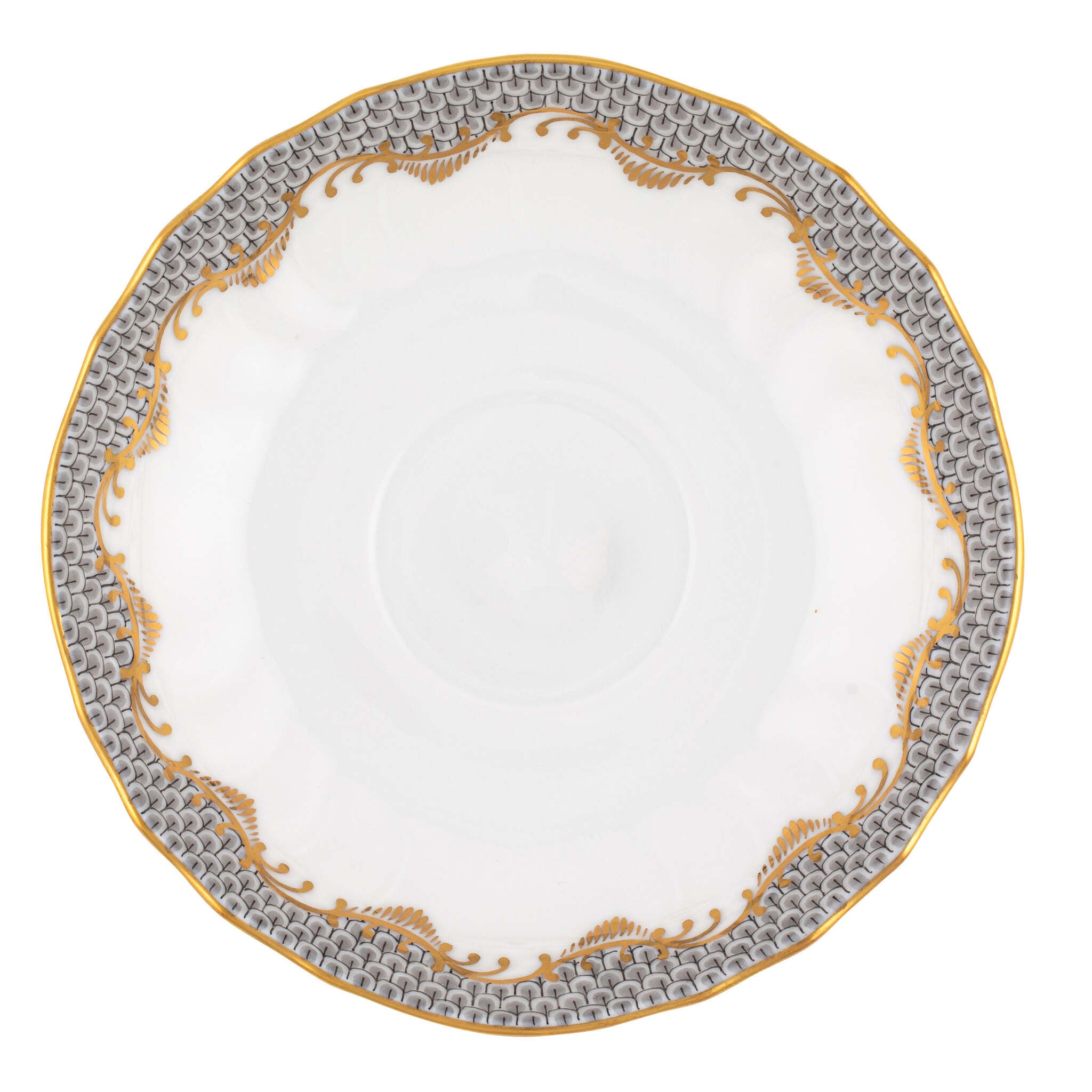 Hand-painted Herend Fish Scale Gray Canton Saucer in fine porcelain, 5.5in D, on a white background