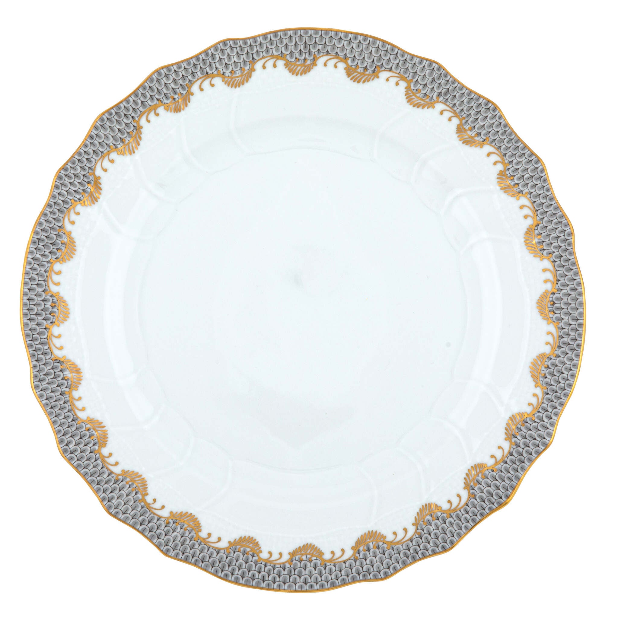 Hand-painted Herend Fish Scale Gray Dinner Plate in fine porcelain, 10.5in D, on a white background