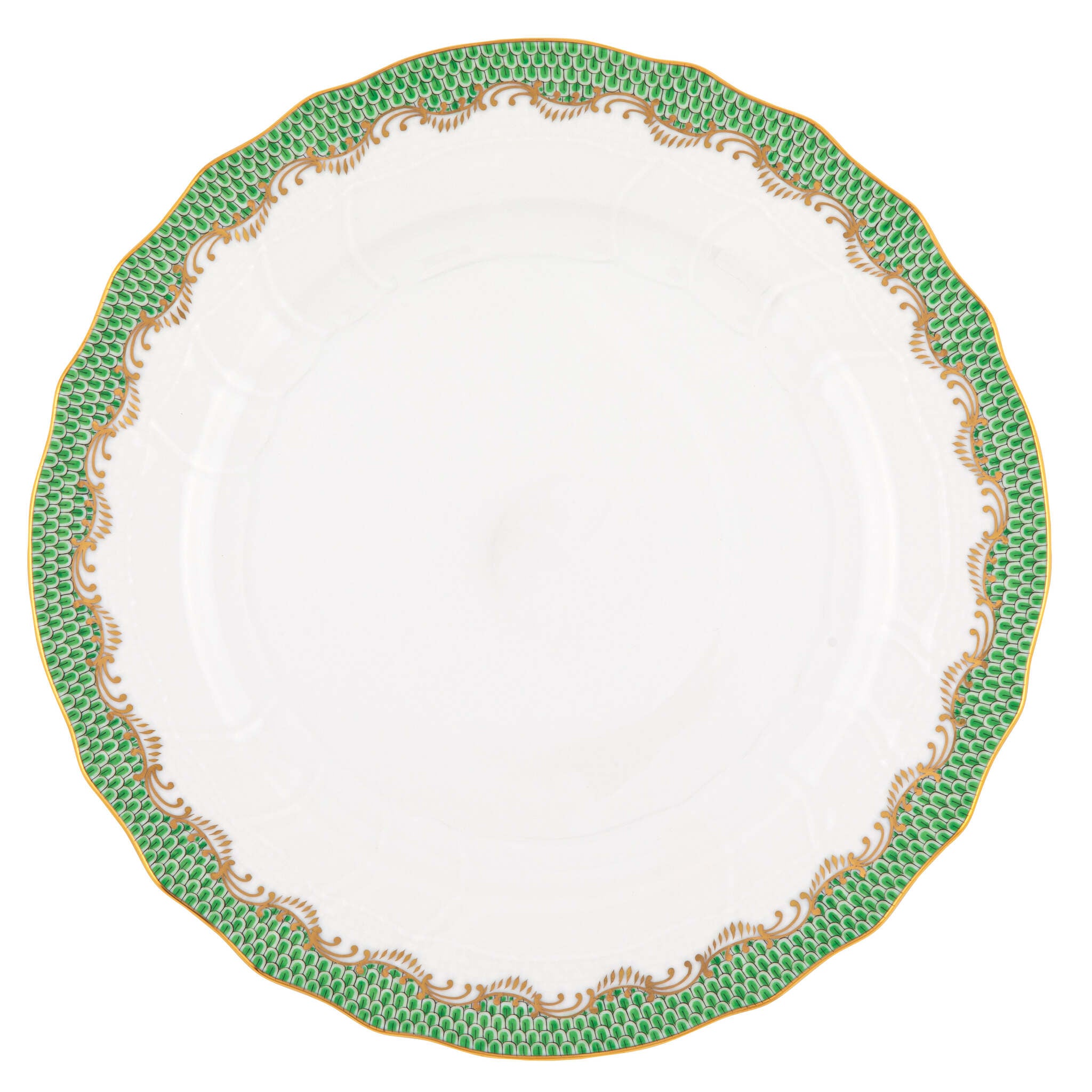Hand-painted Herend Fish Scale Jade Dinner Plate in fine porcelain, 10.5in D, on a white background