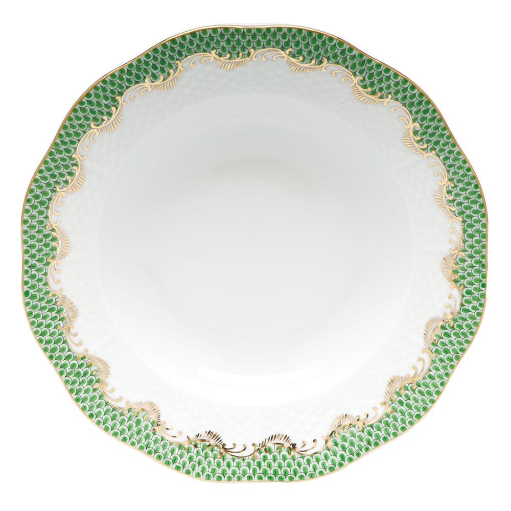 Hand-painted Herend Fish Scale Jade Rim Soup Plate Soup Plates & Rimmed Soup Bowl in fine porcelain, 8in D, on a white background
