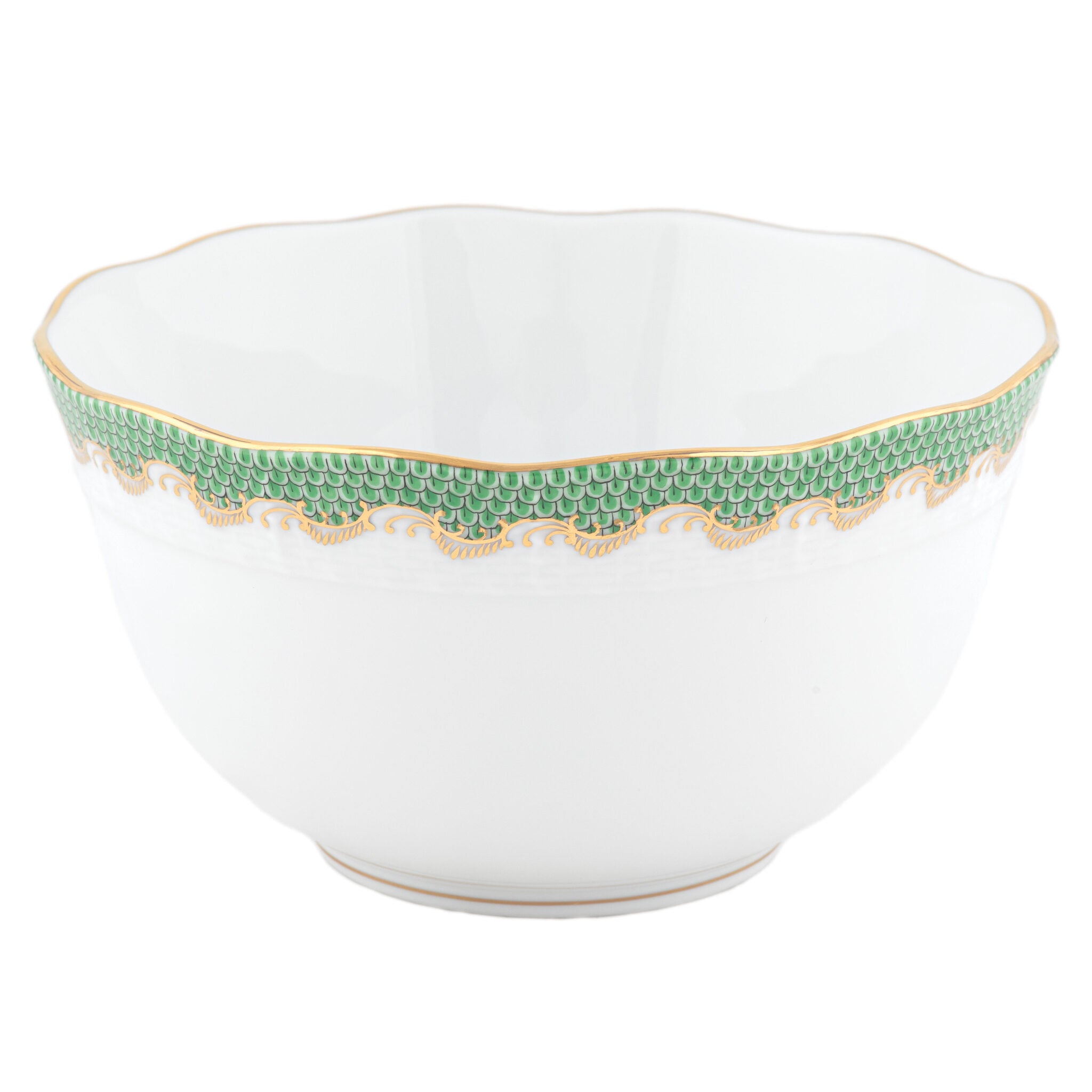 Hand-painted Herend Fish Scale Jade Round Bowl in fine porcelain, (3.5 PT) 7.5in D, on a white background