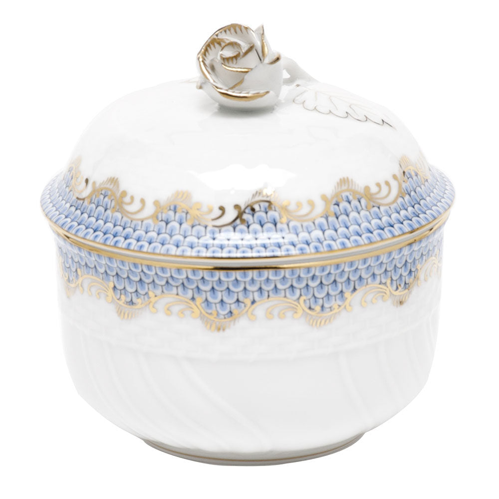 Hand-painted Herend Fish Scale Light Blue Covered Sugar with Rose Sugar Bowl in fine porcelain, (6 OZ) 4in H, on a white background