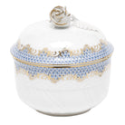 Hand-painted Herend Fish Scale Light Blue Covered Sugar with Rose Sugar Bowl in fine porcelain, (6 OZ) 4in H, on a white background