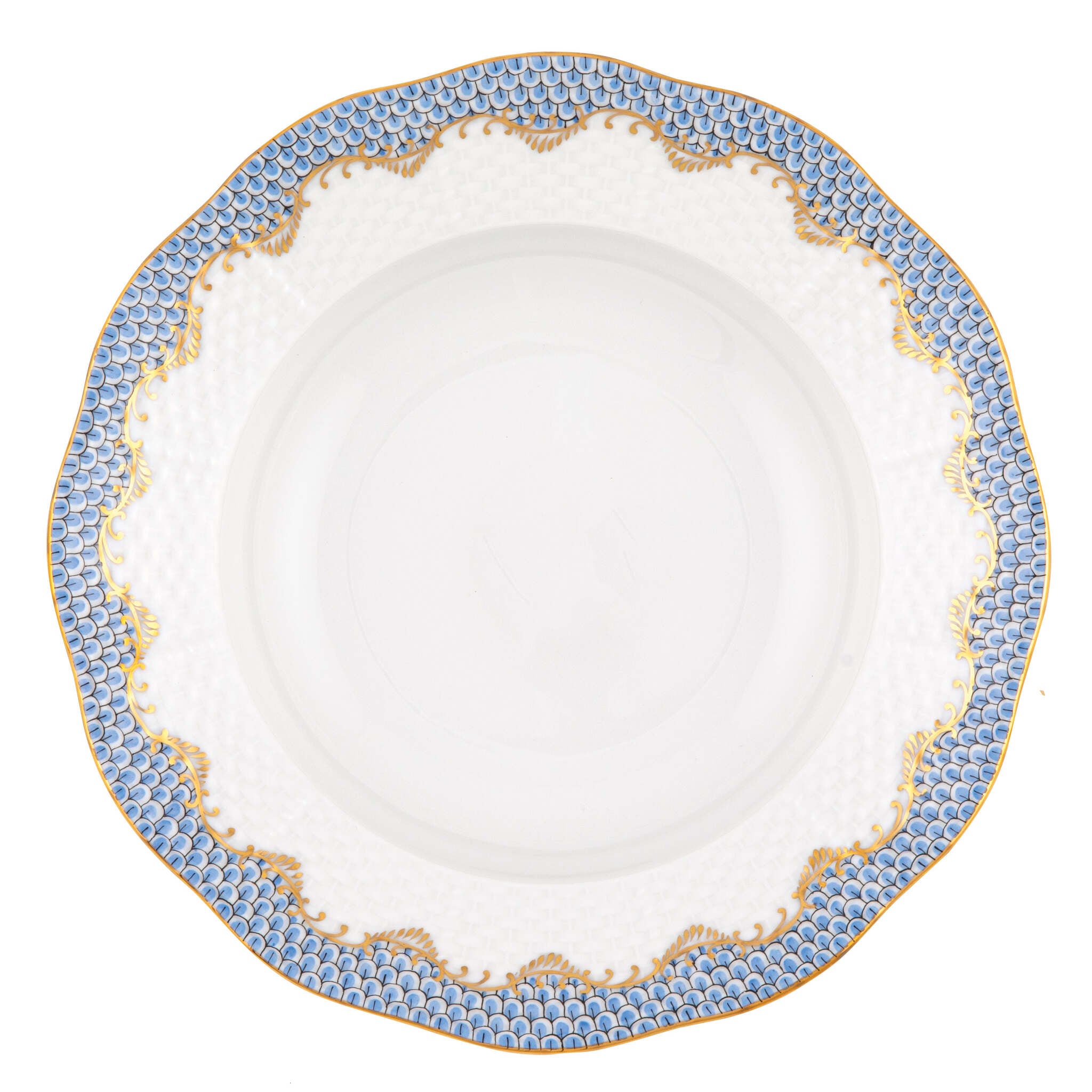 Hand-painted Herend Fish Scale Light Blue Rim Soup Plate Soup Plates & Rimmed Soup Bowl in fine porcelain, 8in D, on a white background