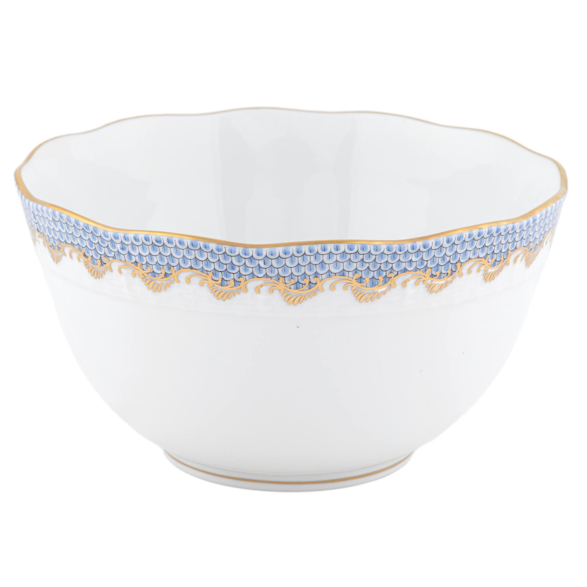 Hand-painted Herend Fish Scale Light Blue Round Bowl in fine porcelain, (3.5 PT) 7.5in D, on a white background
