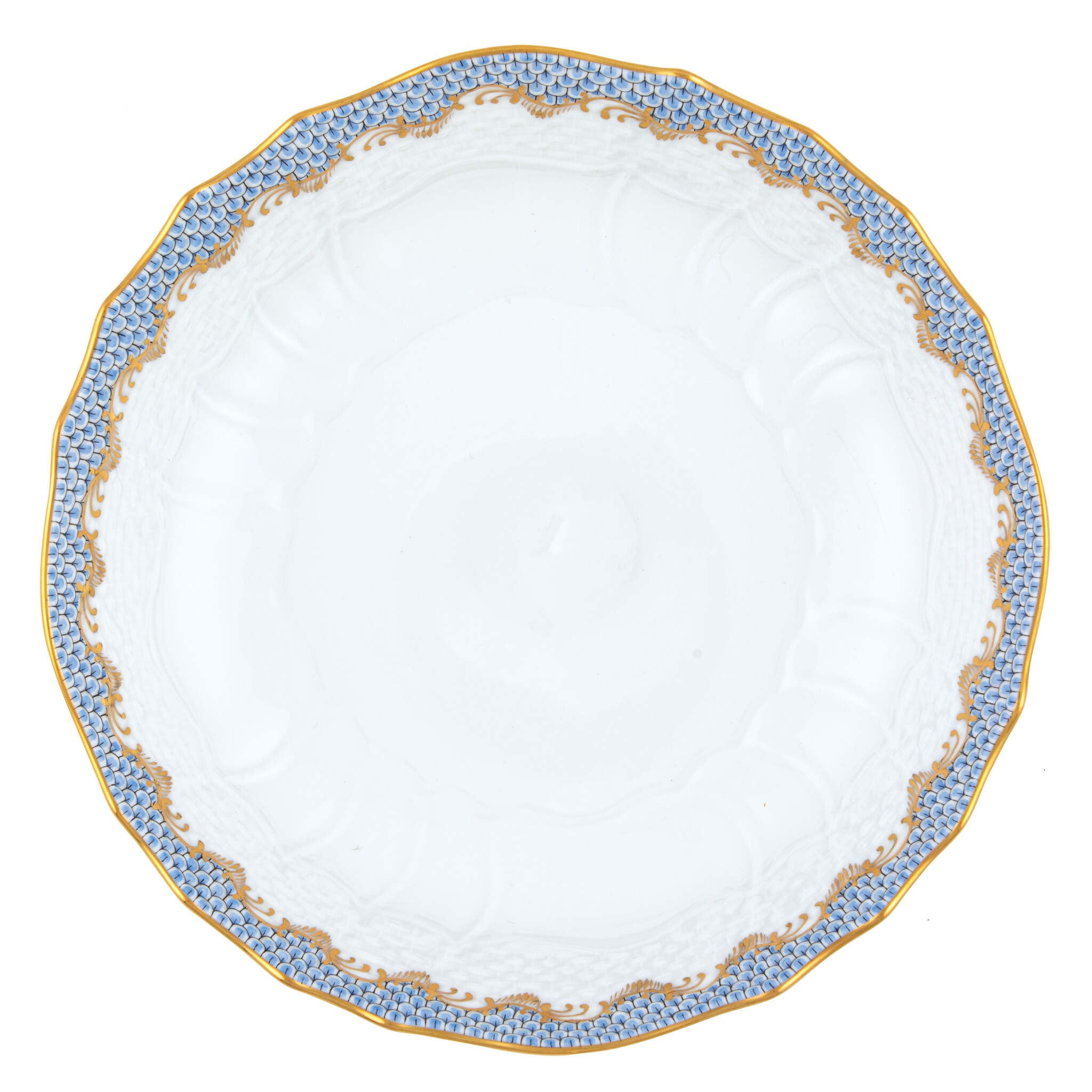 Hand-painted Herend Fish Scale Light Blue Scalloped Dinner Bowl in fine porcelain, 8in D X 2in H, on a white background