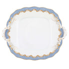 Hand-painted Herend Fish Scale Light Blue Square Cake Plate with Handles in fine porcelain, 9.5in SQ, on a white background