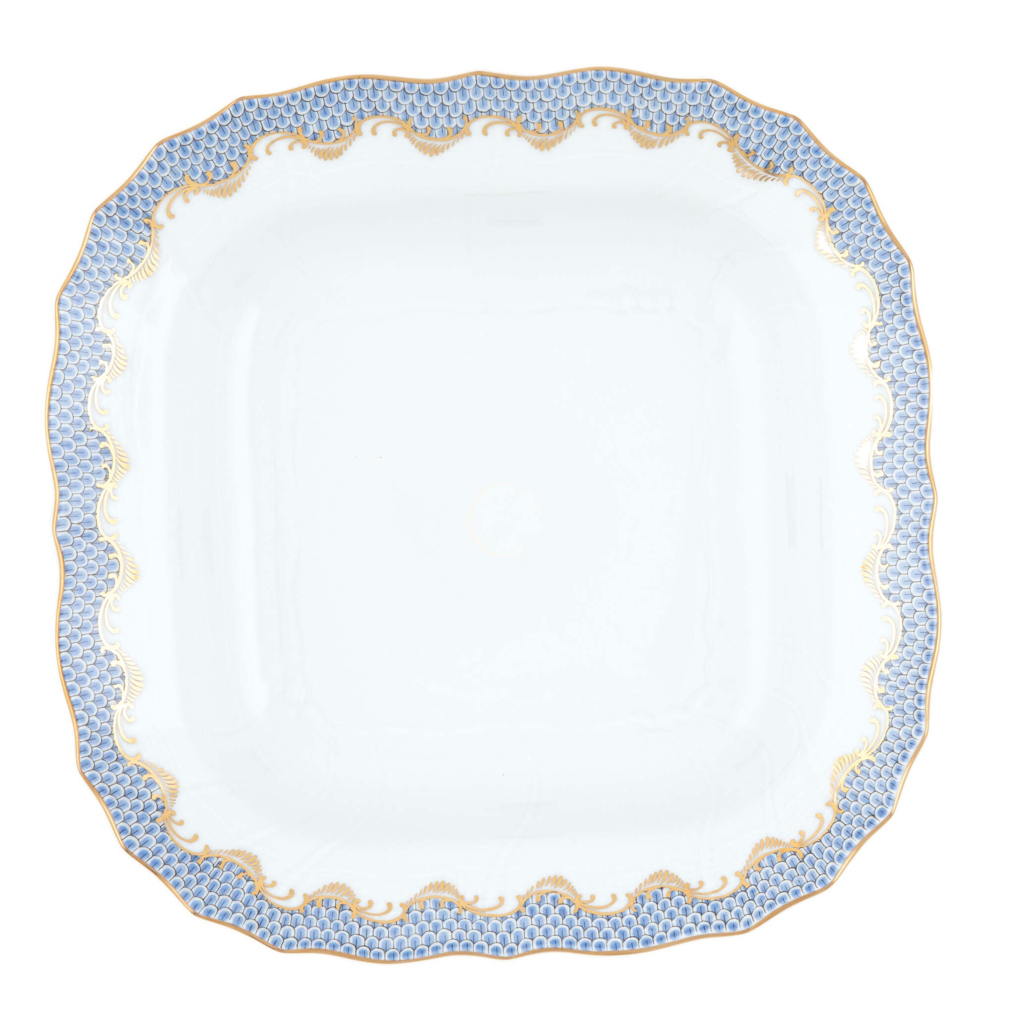 Hand-painted Herend Fish Scale Light Blue Square Fruit Dish in fine porcelain, 11in SQ, on a white background
