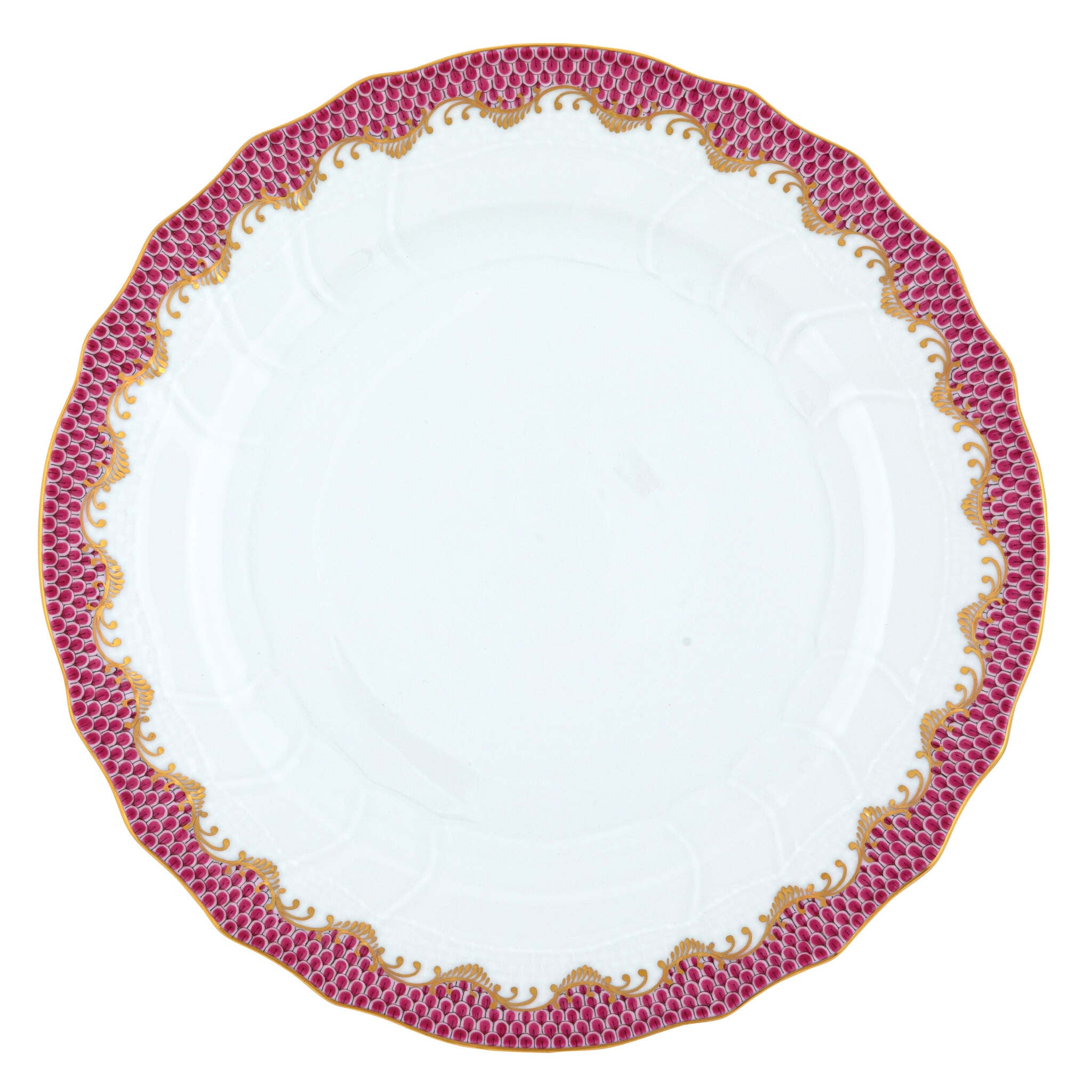 Hand-painted Herend Fish Scale Pink Dinner Plate in fine porcelain, 10.5in D, on a white background