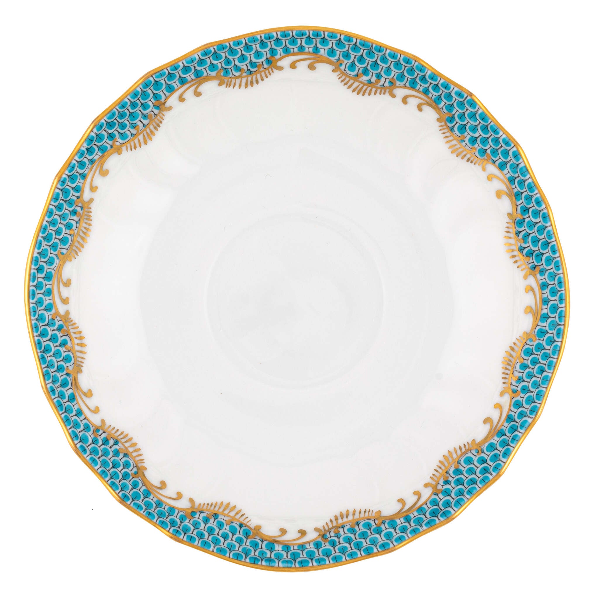 Hand-painted Herend Fish Scale Turquoise Canton Saucer in fine porcelain, 5.5in D, on a white background