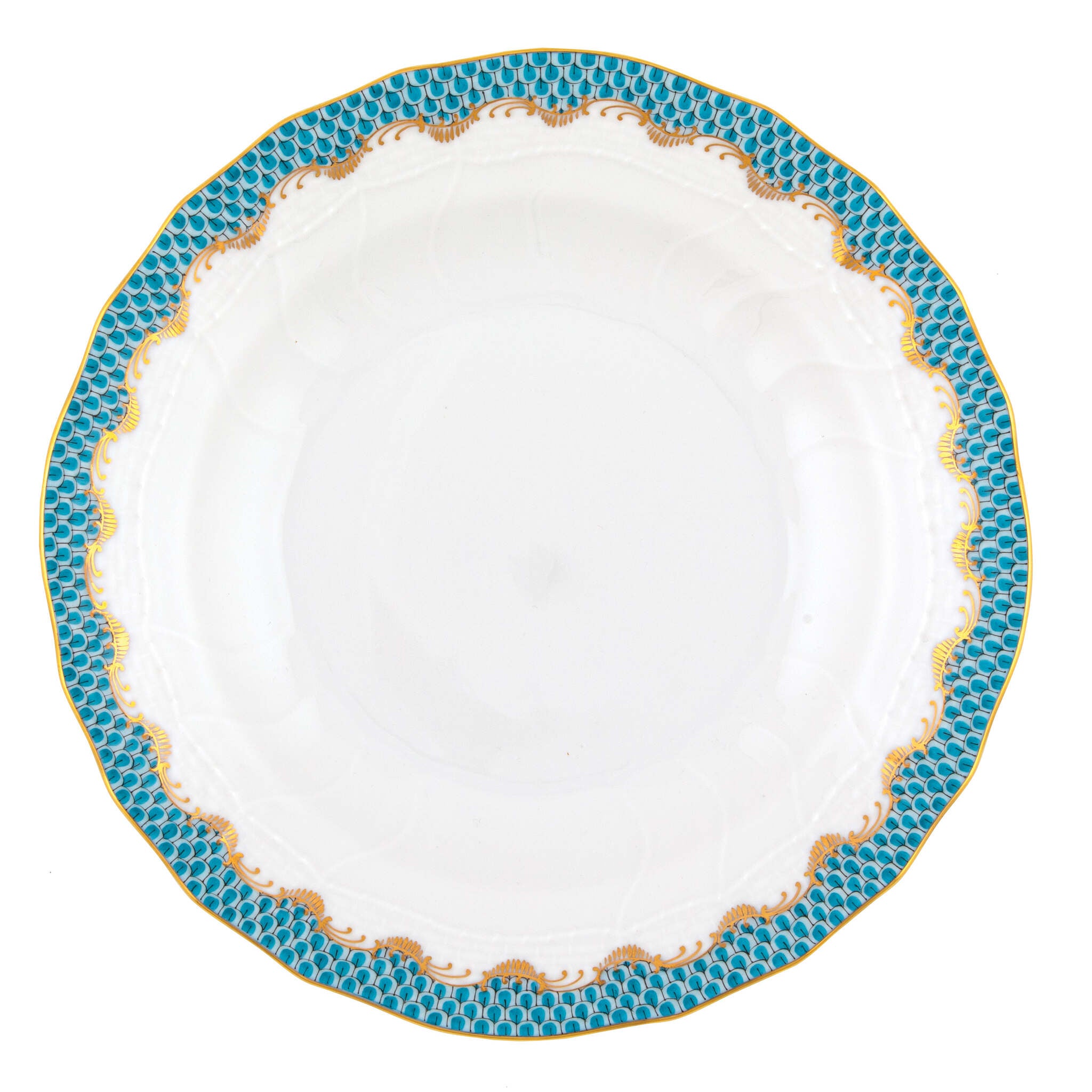 Hand-painted Herend Fish Scale Turquoise Dessert Plate in fine porcelain, 8.25in D, on a white background
